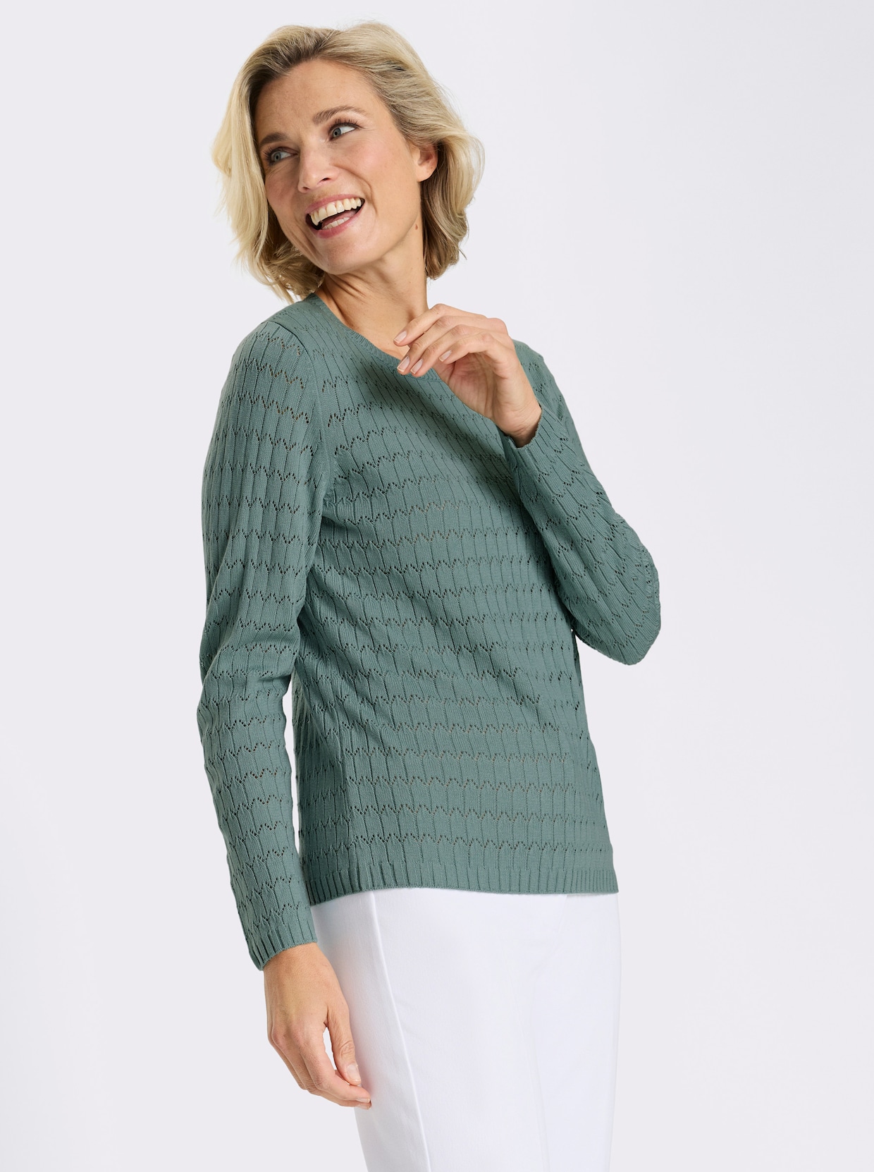Pullover met ronde hals en mix van breipatronen - jade