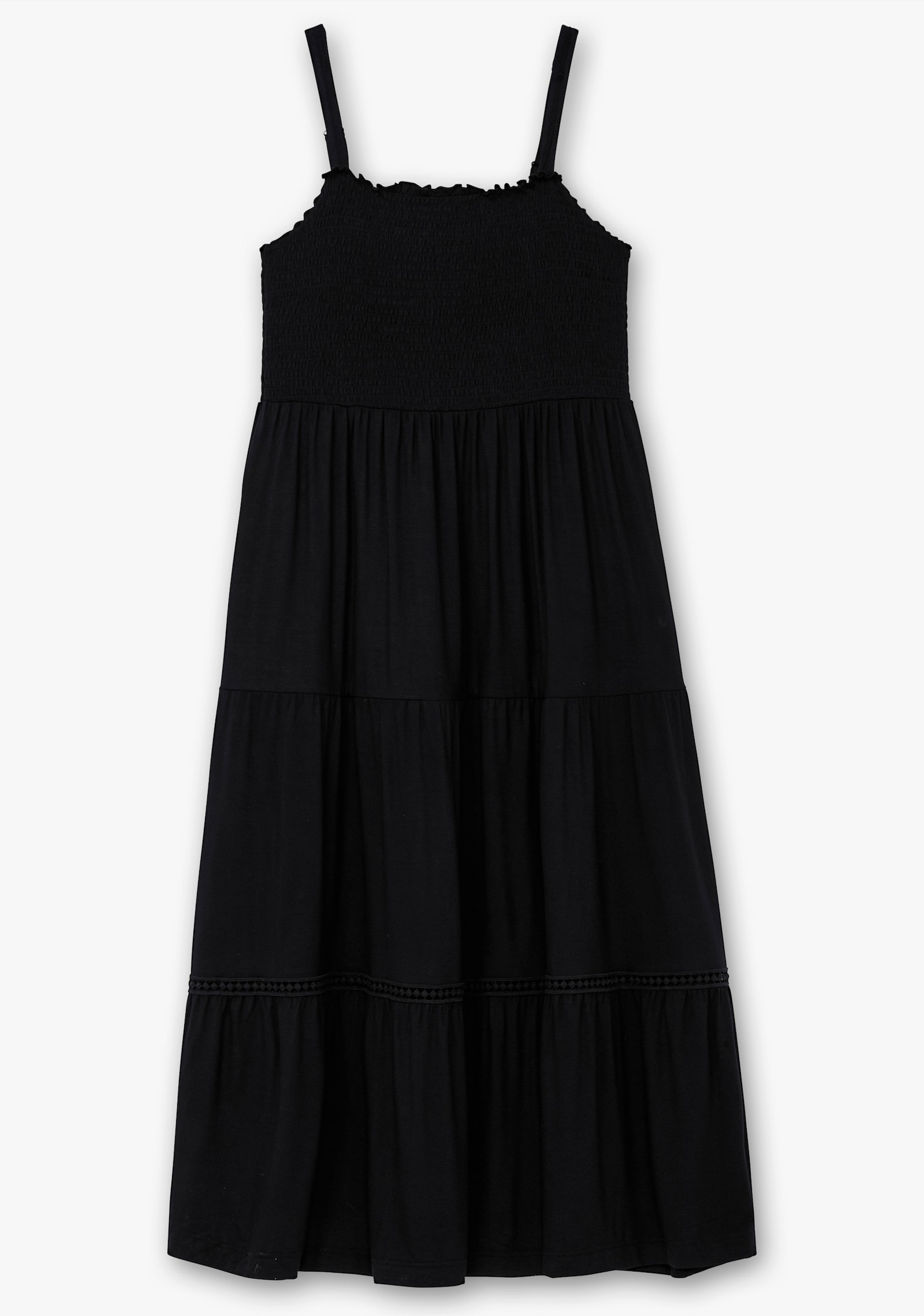 sheego Maxikleid mit Smok-Oberteil und Volantrock - schwarz