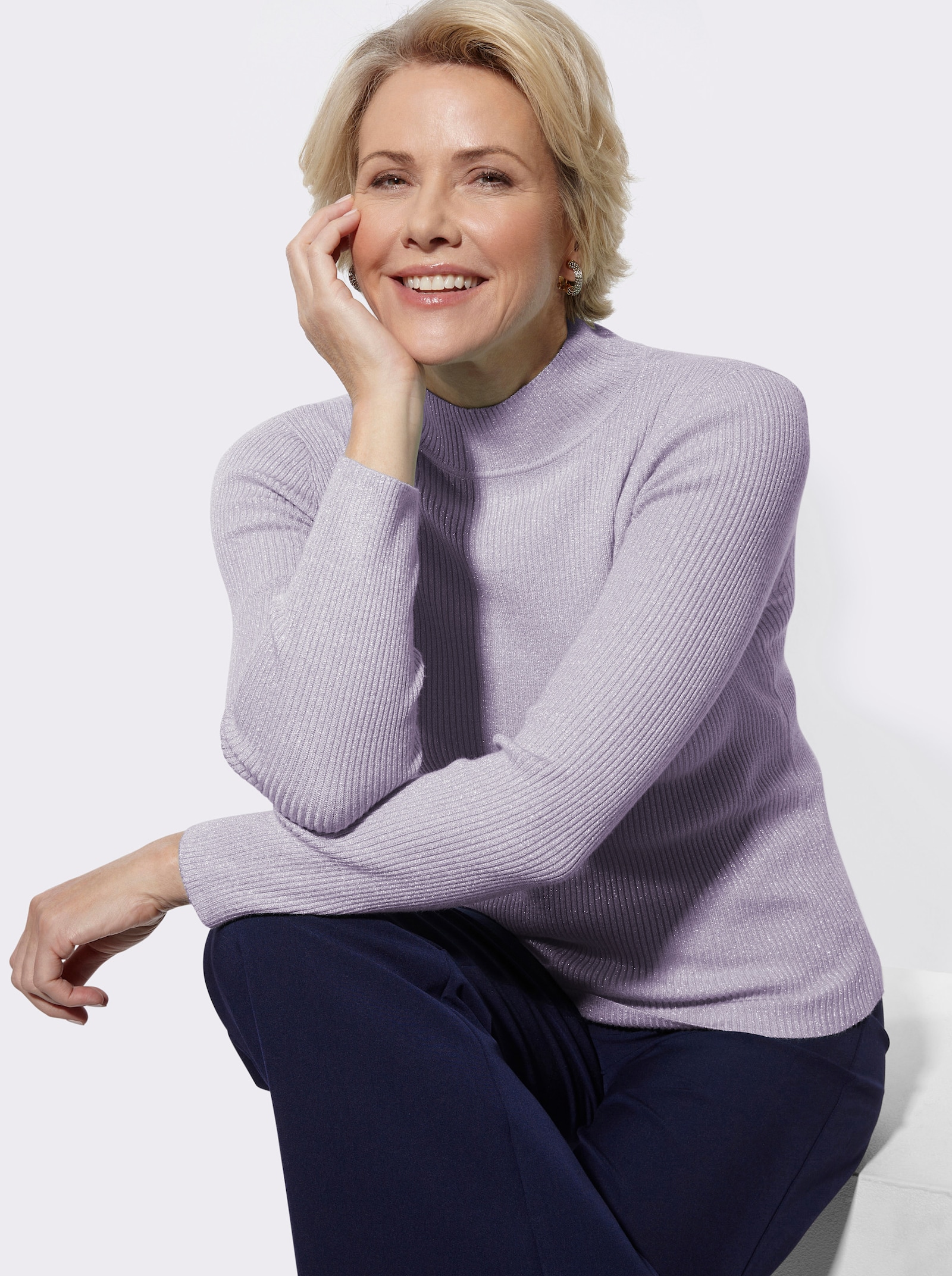 Stehkragenpullover mit Glanzgarn - flieder-meliert