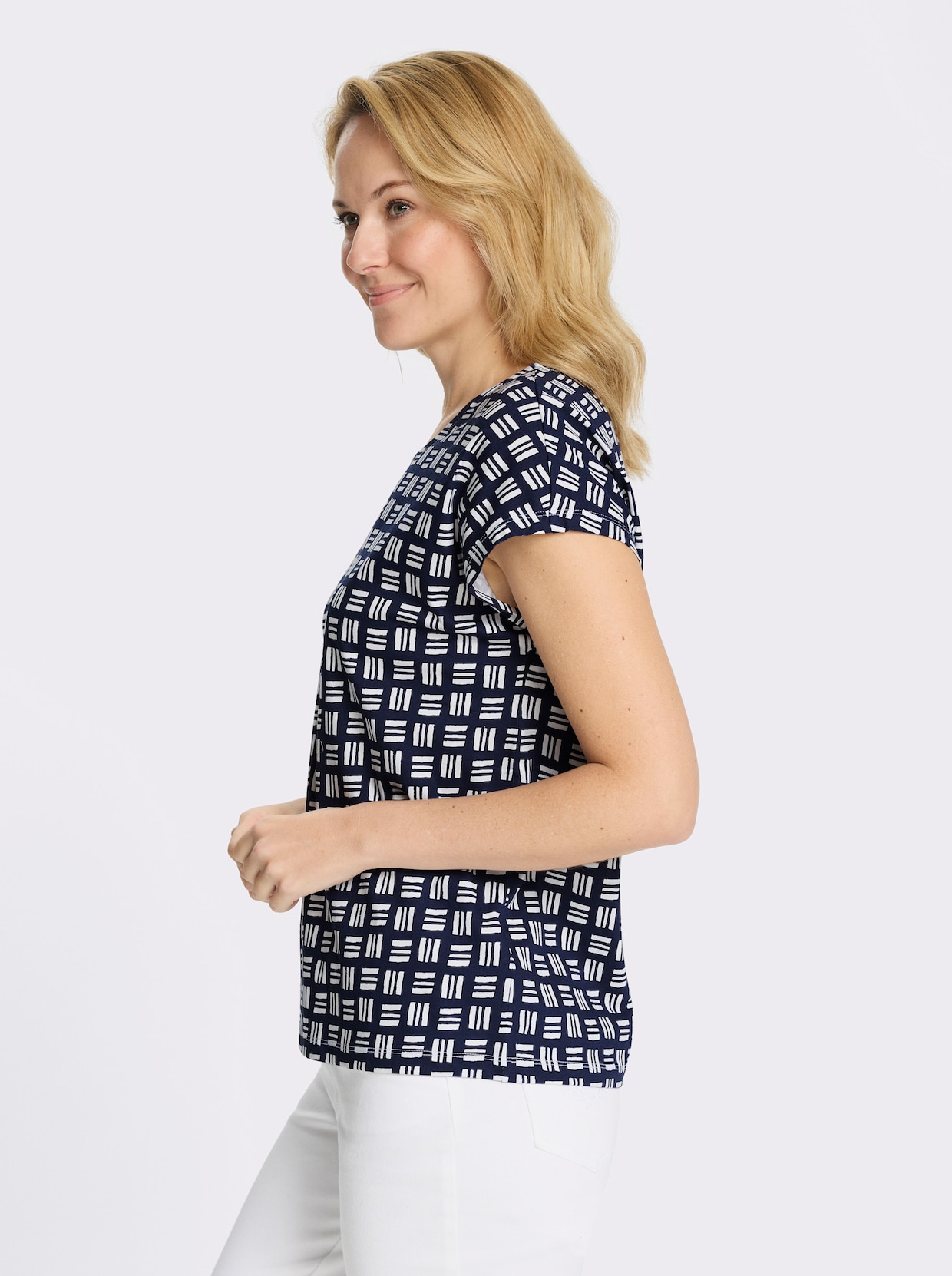 Kurzarmshirt im Allover-Druckmuster - marine-ecru-bedruckt