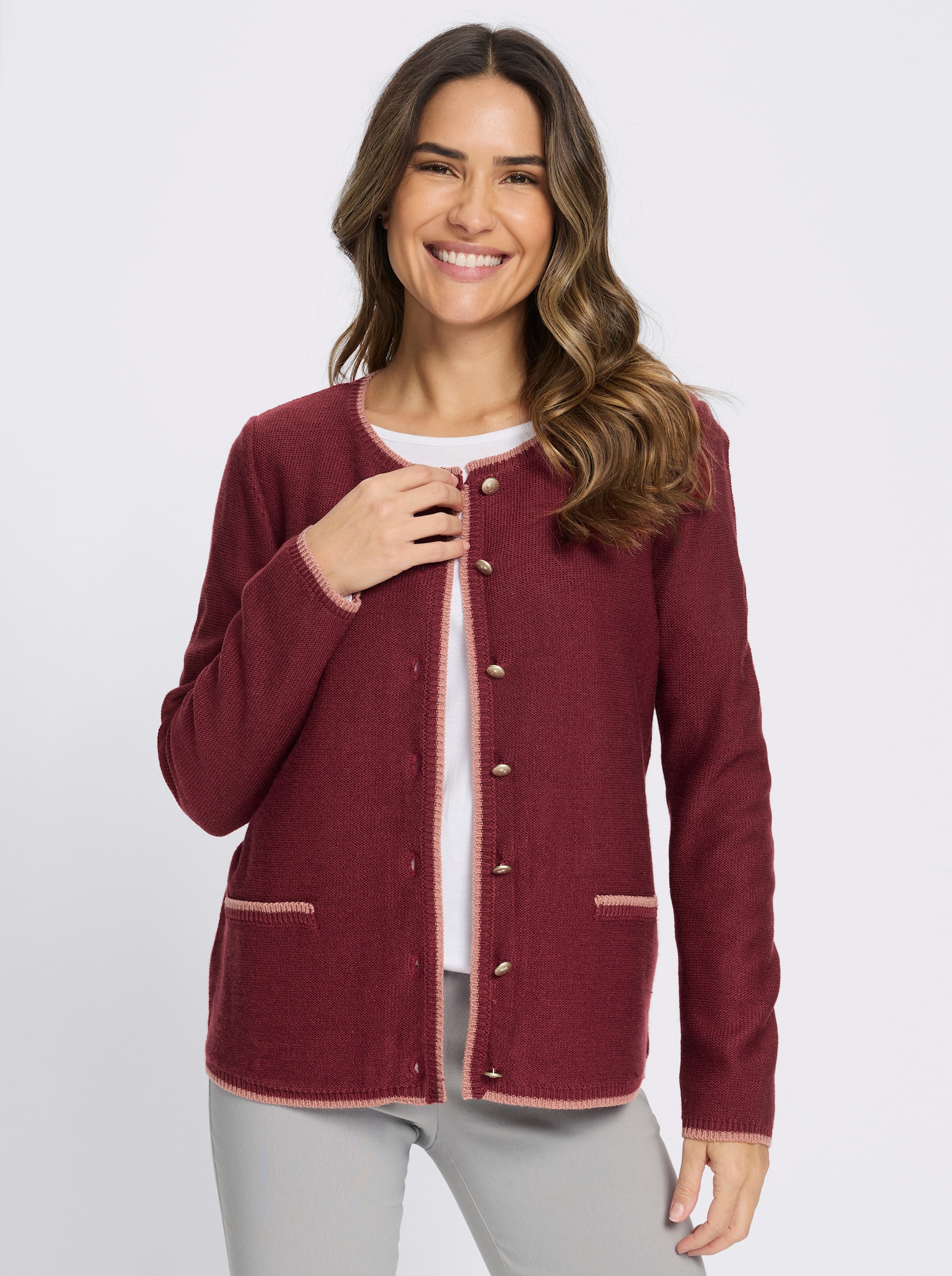 Strickjacke mit Kontrast-Abschlüssen - dunkelrot-rosenholz