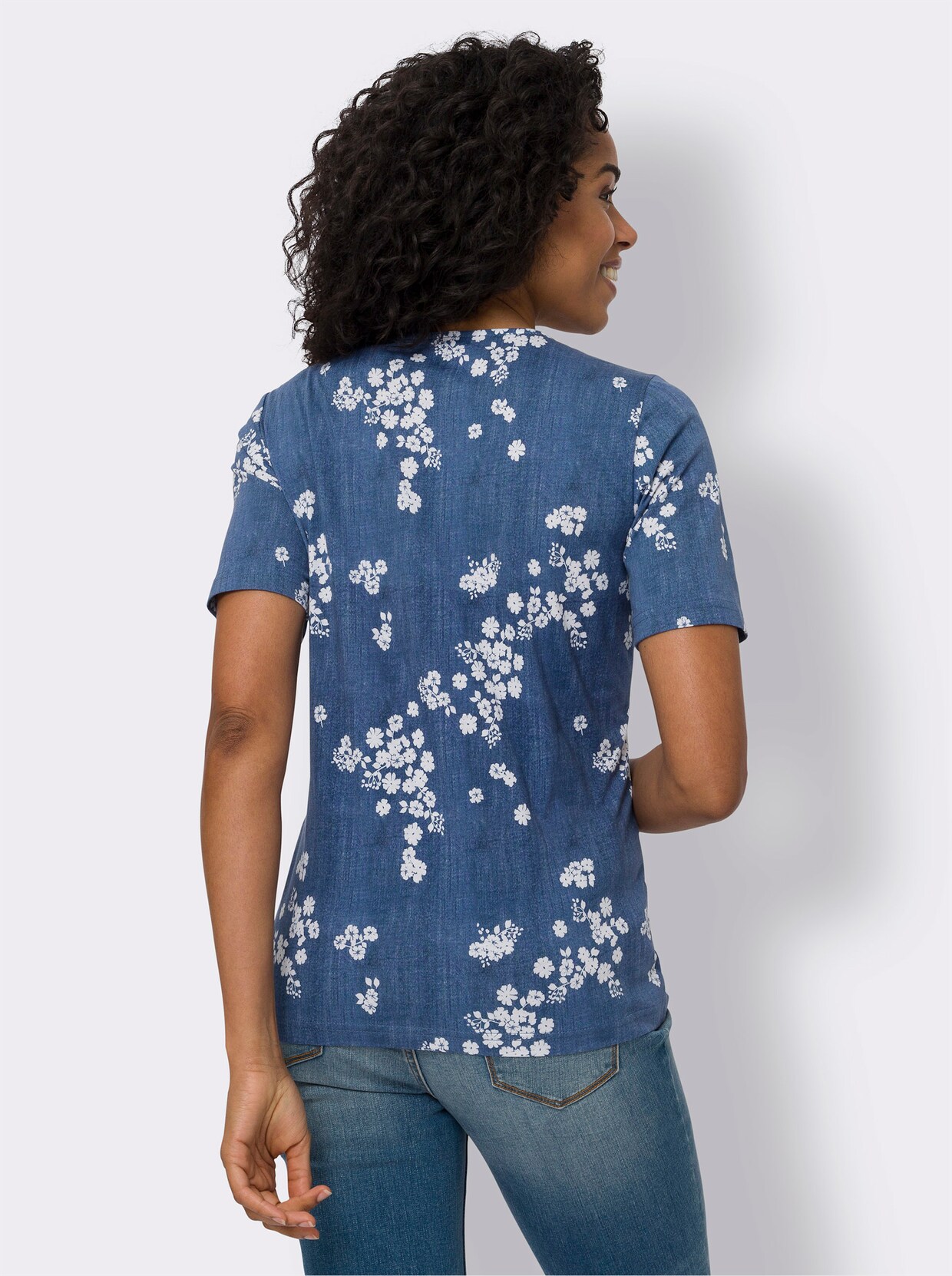 Kurzarmshirt - jeansblau-weiß-bedruckt