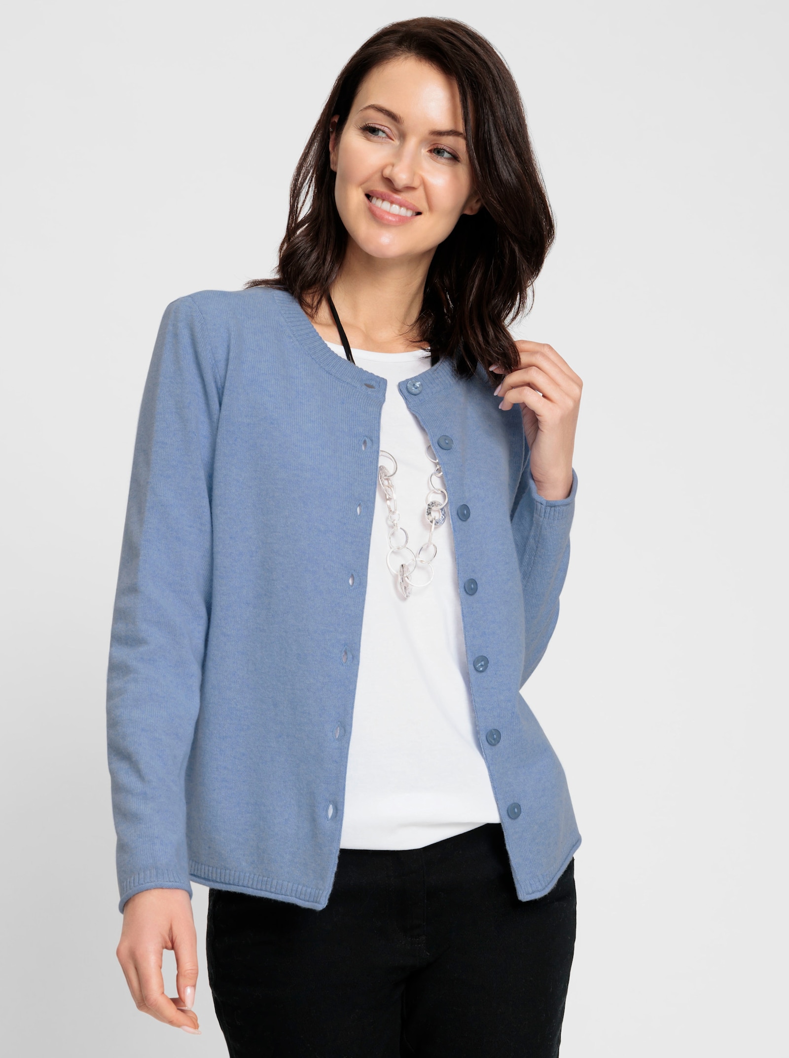 Feinstrickjacke mit Kaschmir - blau-meliert