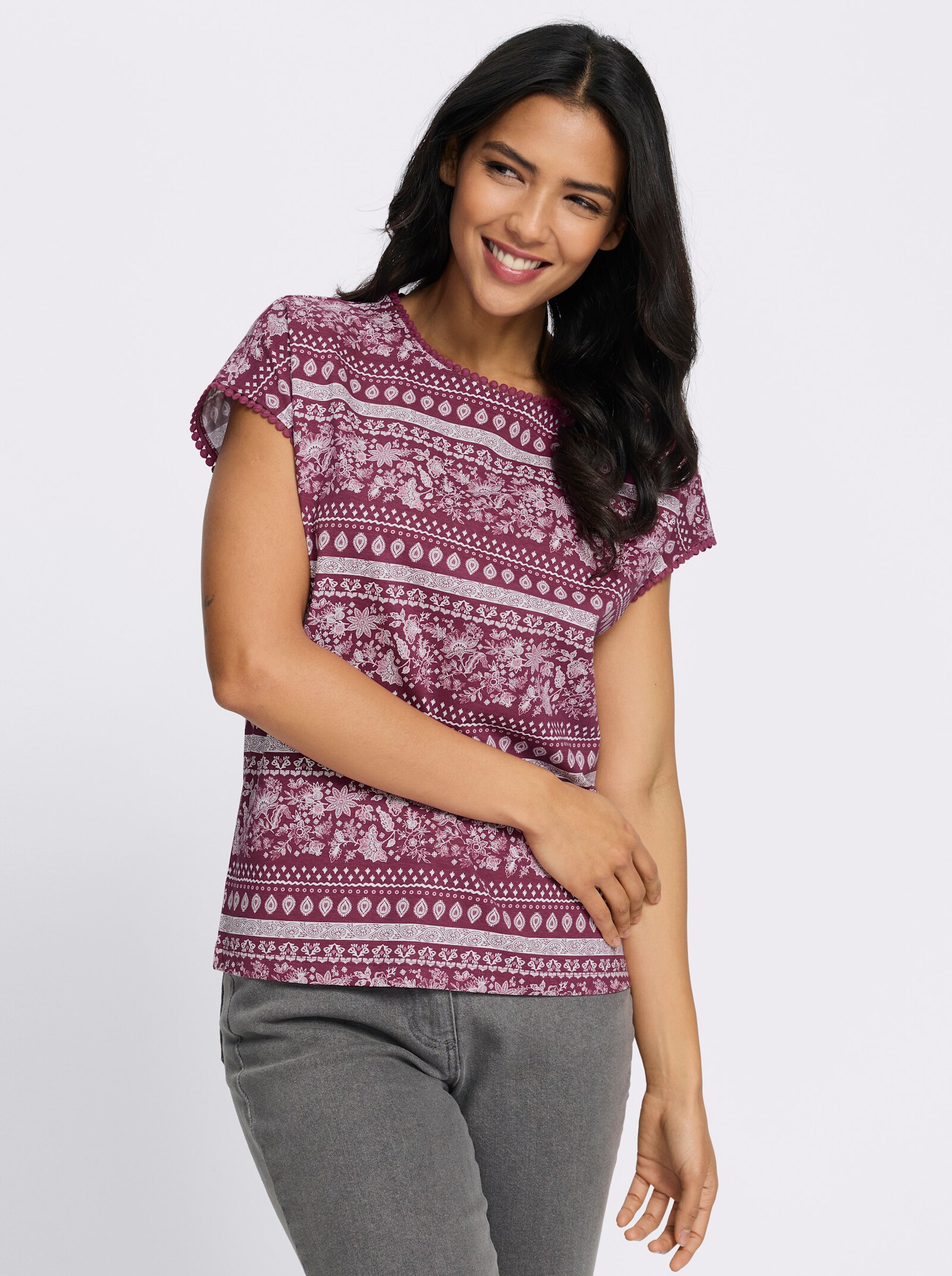 Kurzarmshirt mit überschnittenen Schultern - malve-rosenquarz-bedruckt