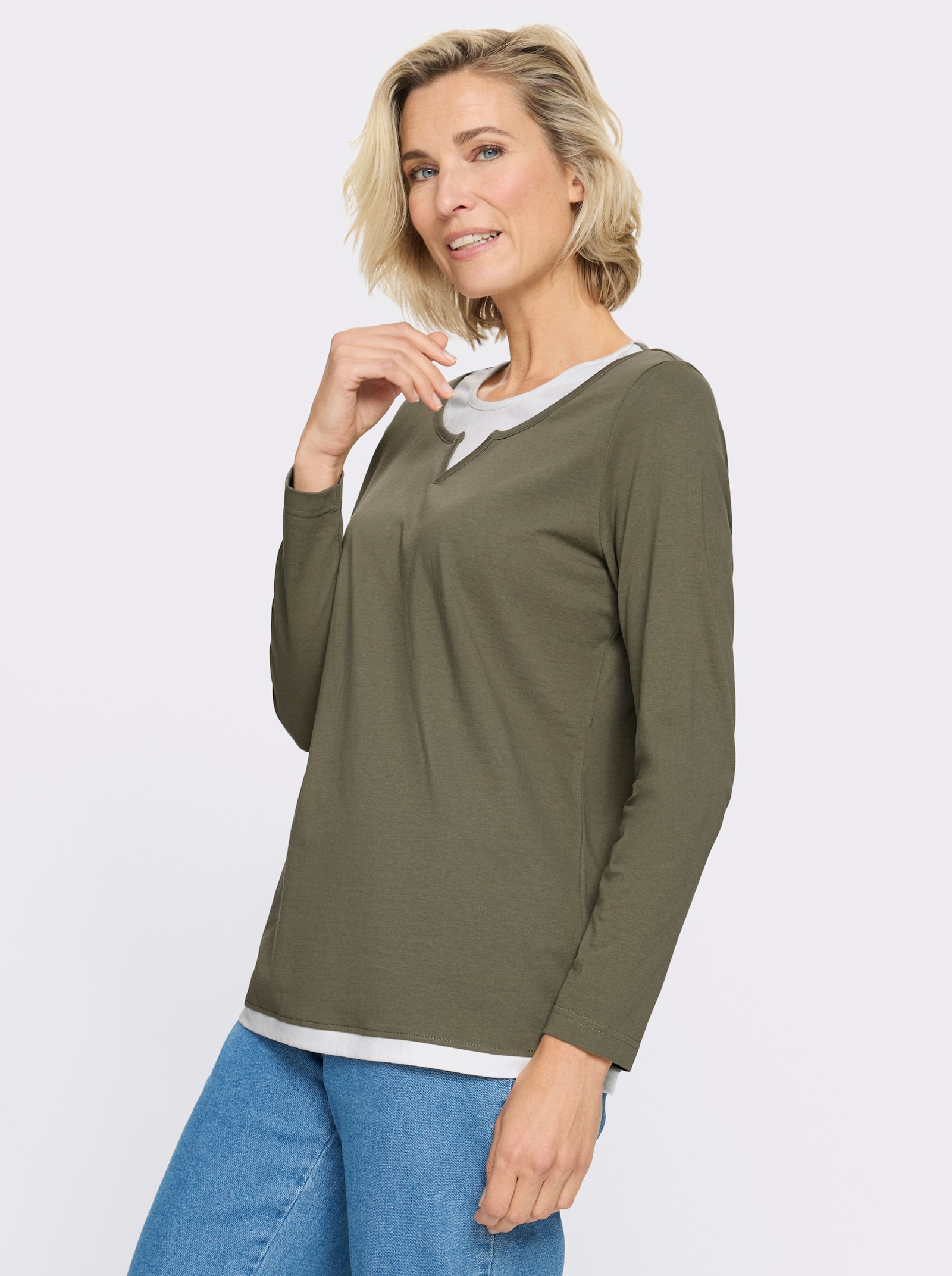2-in-1-Shirt mit kontrastfarbenen Einsätzen - oliv