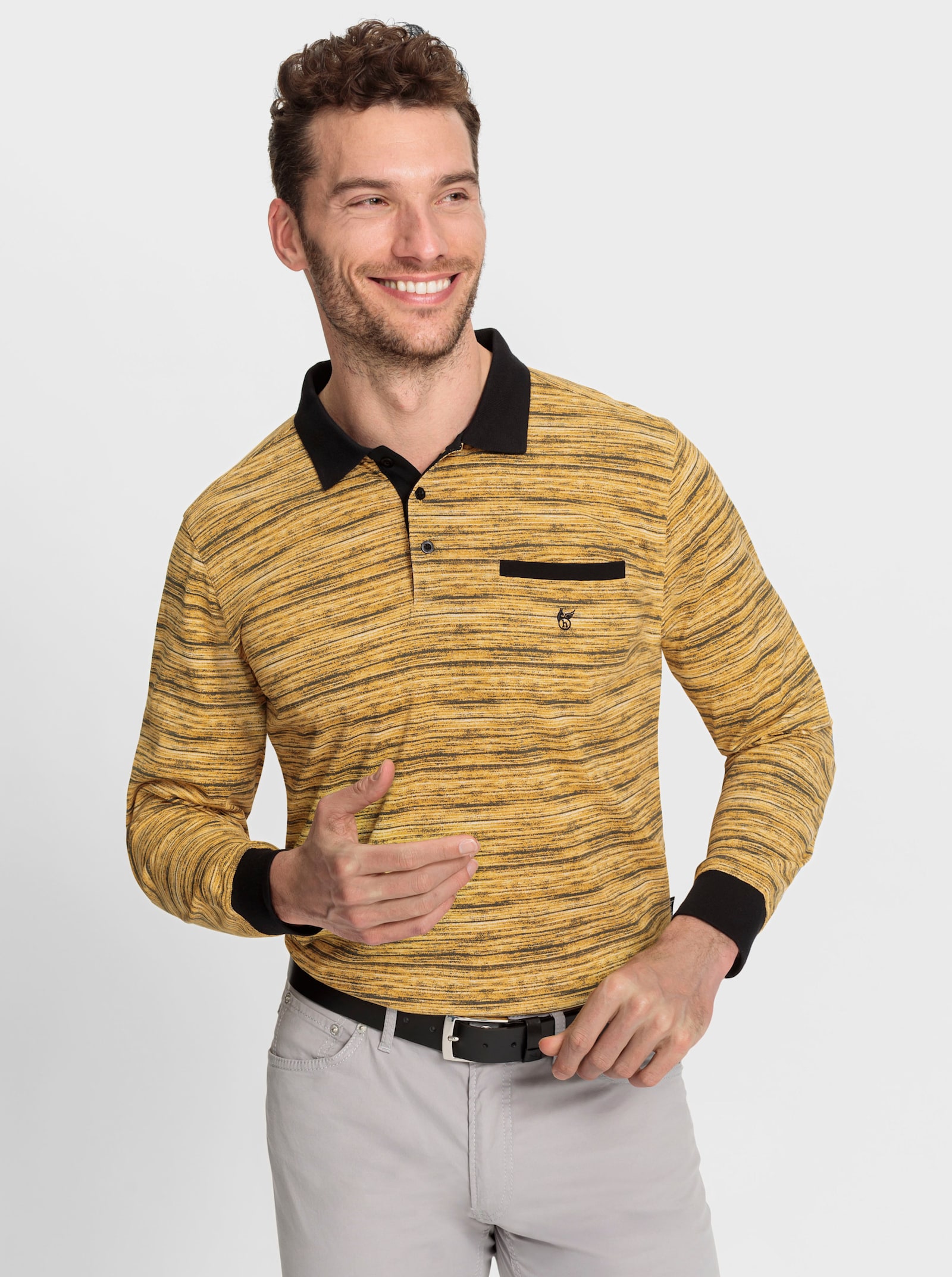 Hajo Langarm-Poloshirt , temperaturausgleichend und bügelfrei - ocker-meliert