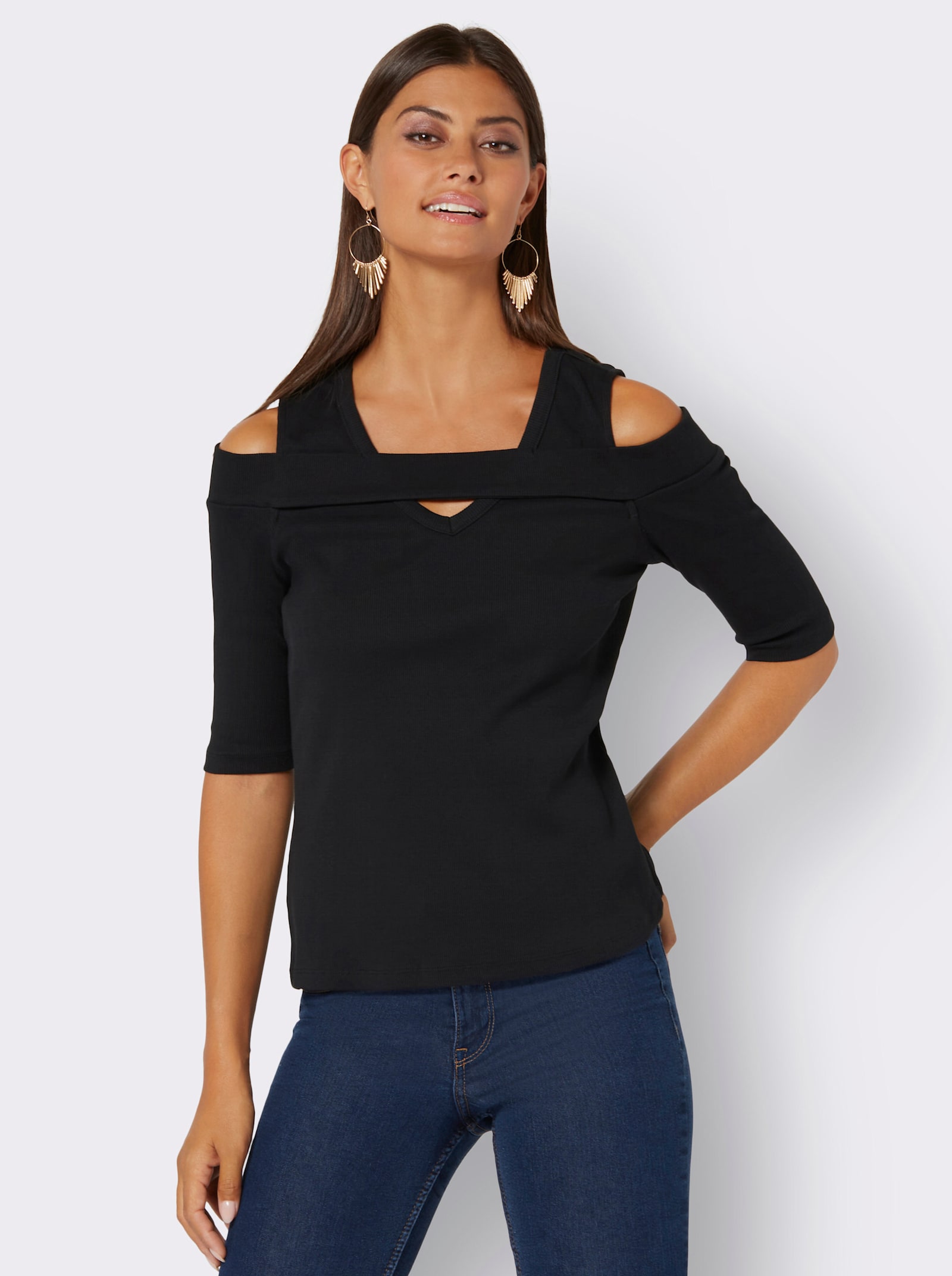 3/4-Arm-Shirt mit Cut-outs - schwarz
