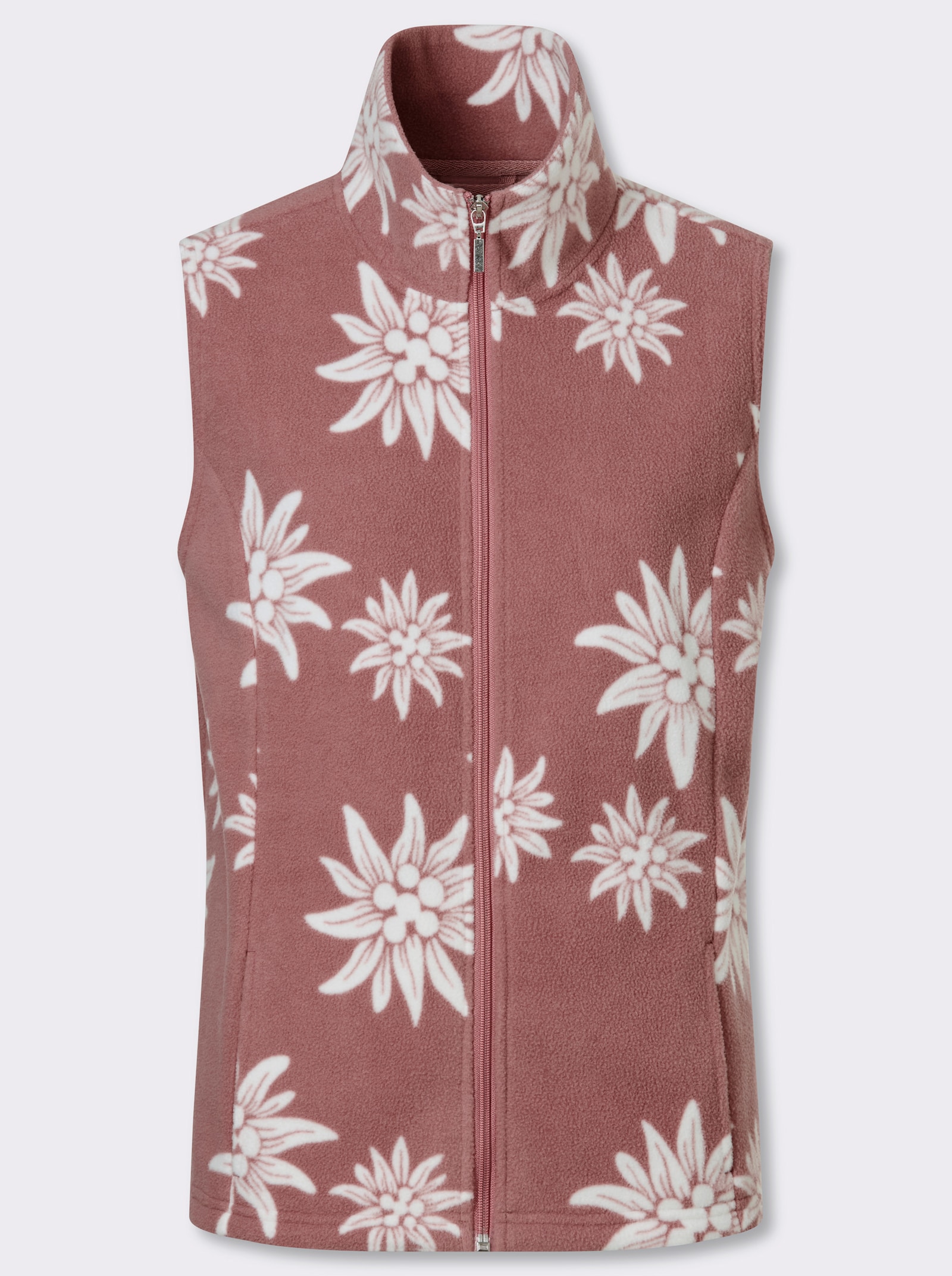 Fleeceweste mit Edelweiß-Motiven - rosenholz-ecru-bedruckt