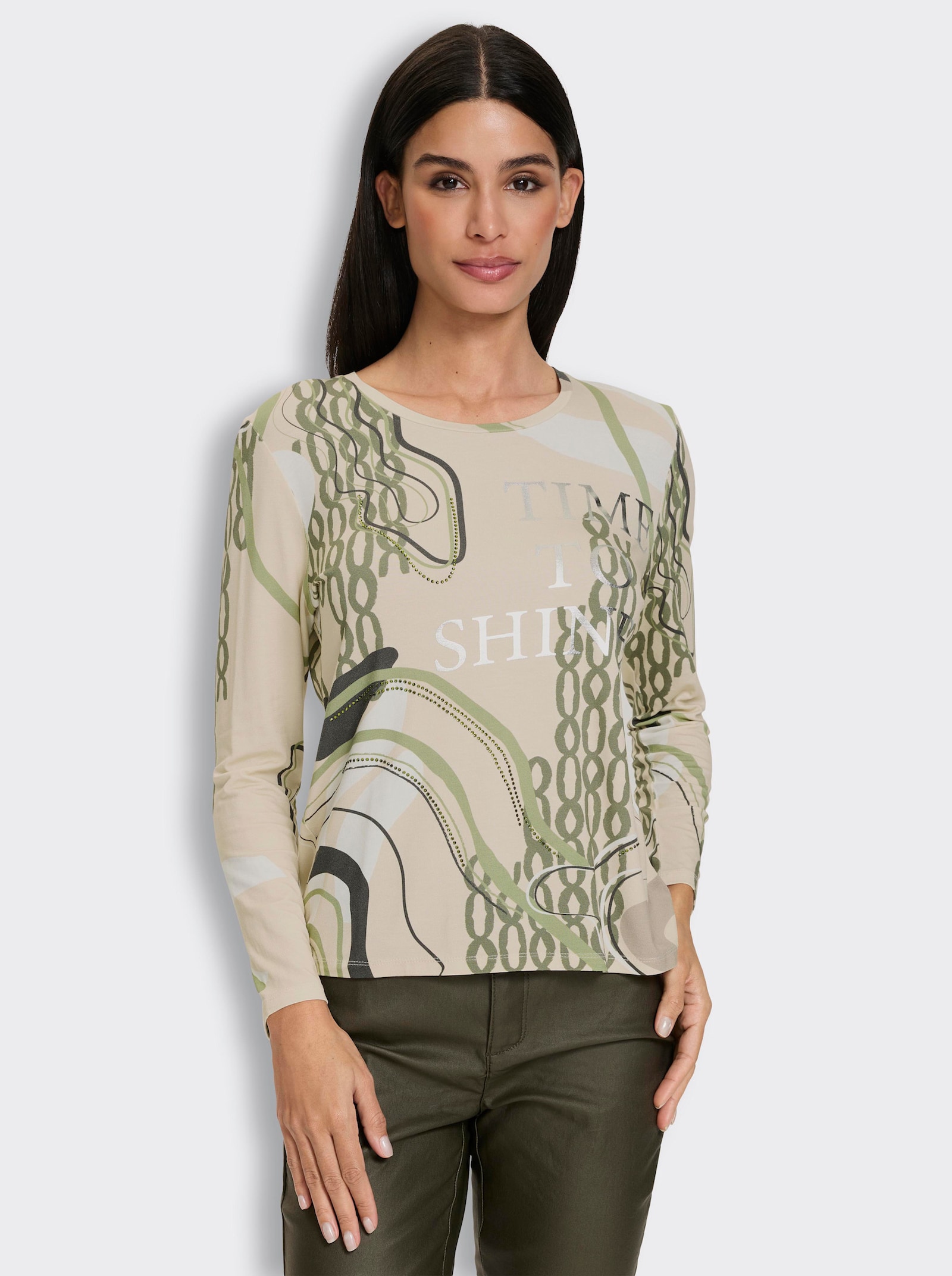 heine Langarmshirt mit Glitzersteinchen - elfenbein-khaki-bedruckt