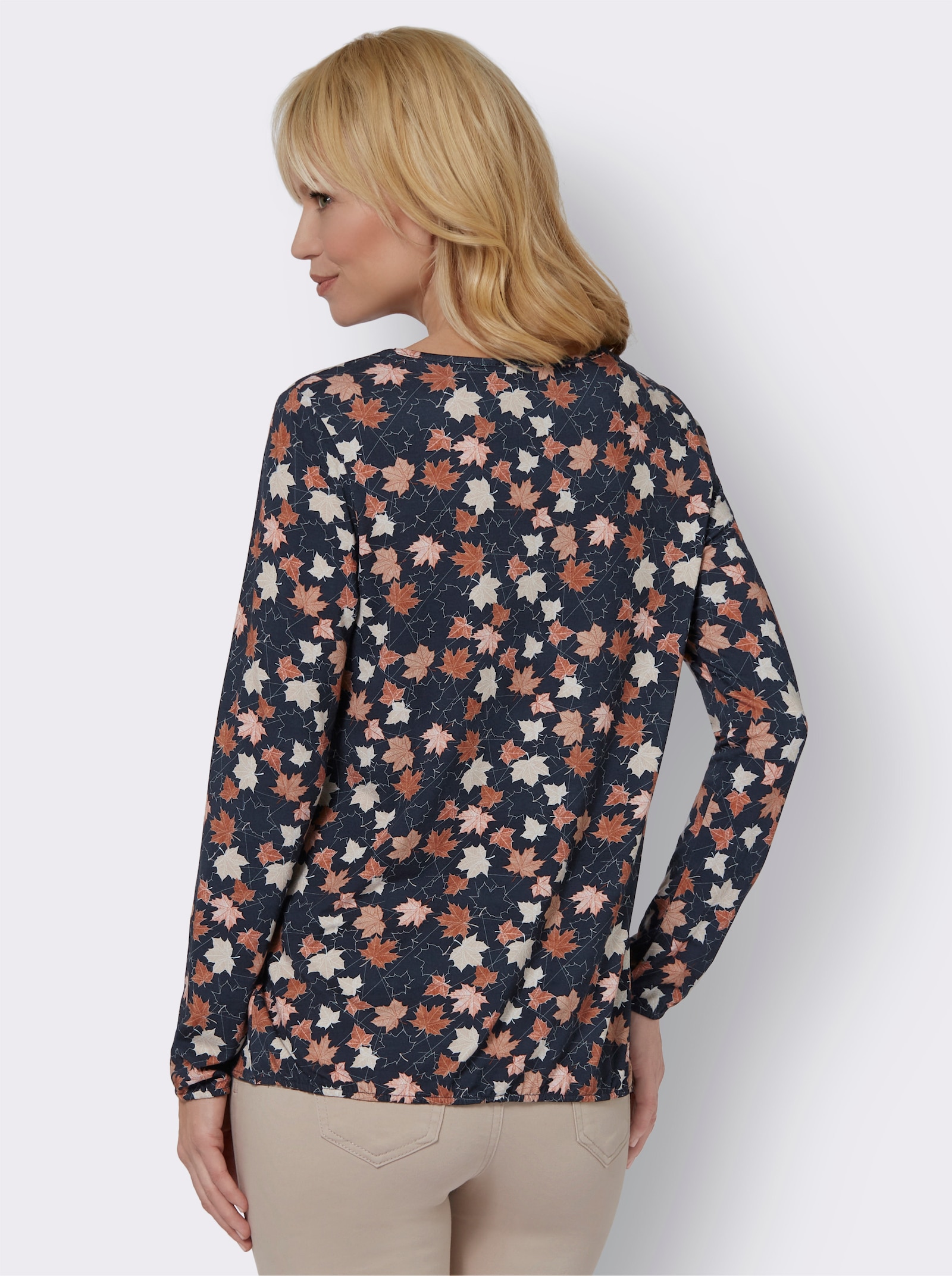 Langarmshirt mit Tropfen-Ausschnitt - marine-rotbraun-bedruckt