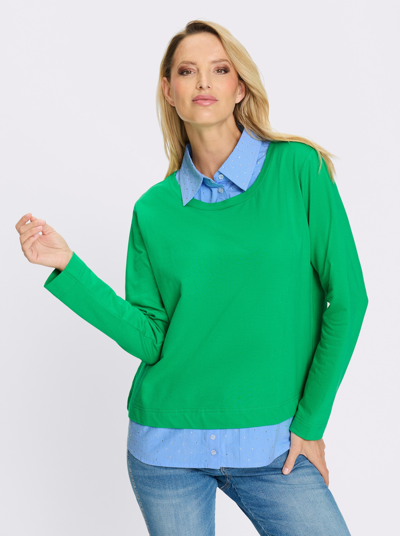 heine Sweatshirt mit Bluseneinsatz - grasgrün-himmelblau