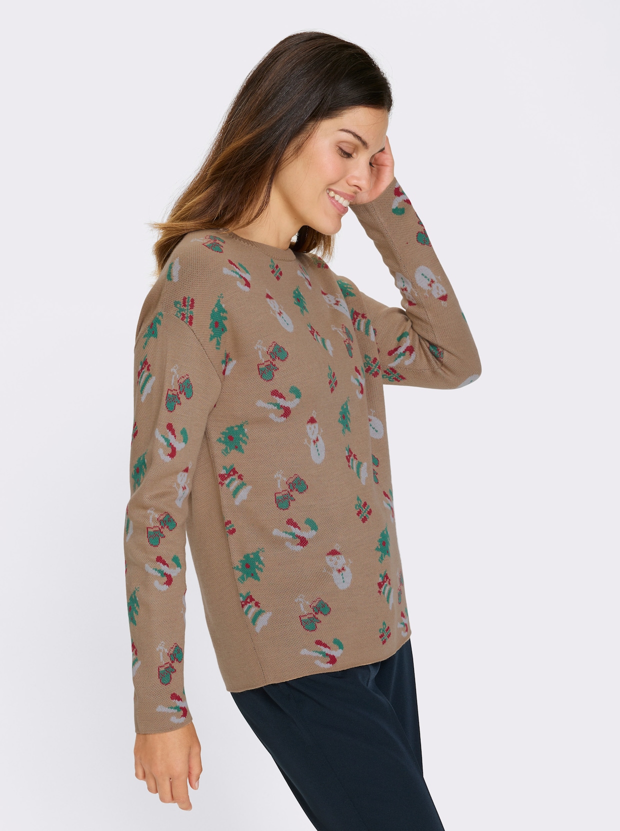 Langarm-Pullover - camel-grün-gemustert