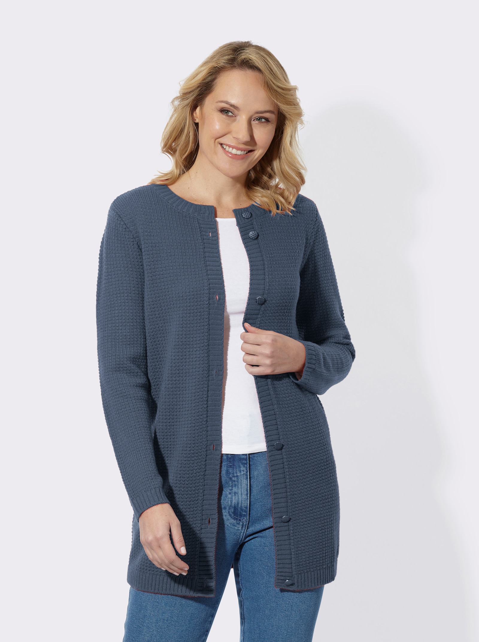 Longstrickjacke mit Schmuckknöpfen - rauchblau