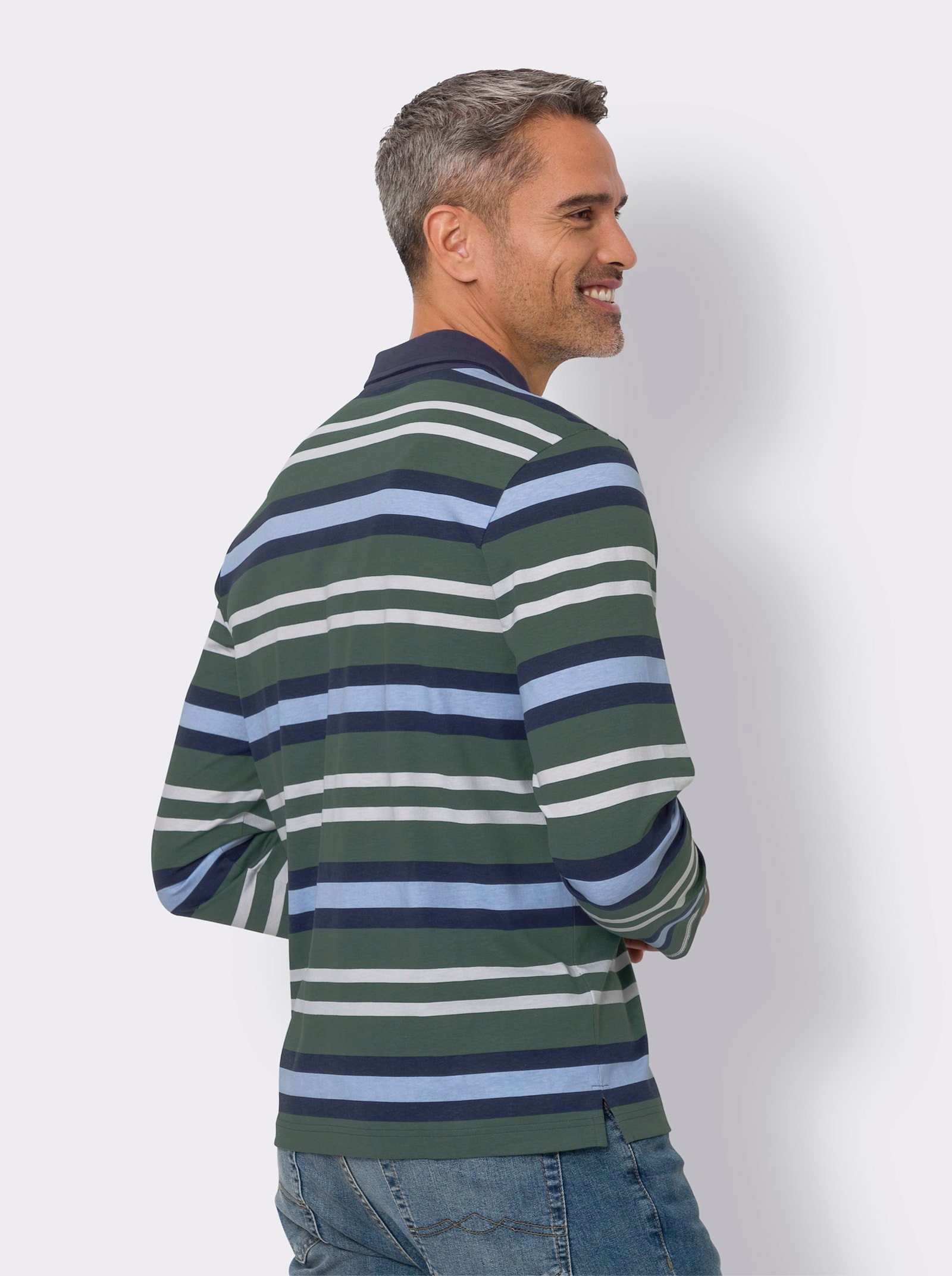 Poloshirt met lange mouwen en streepjeslook - mos-ijsblauw gestreept