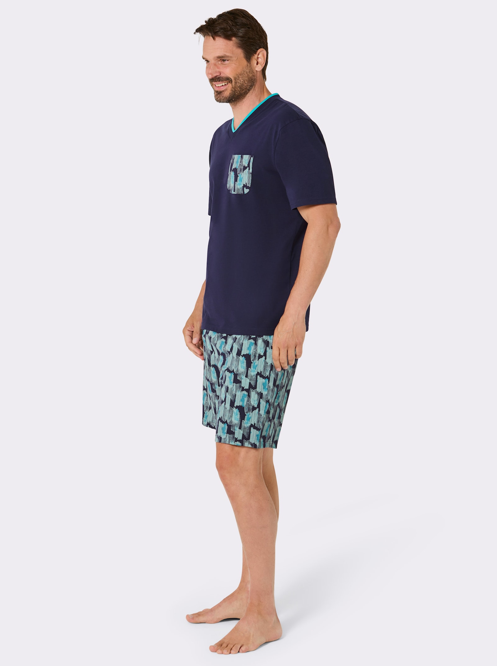 wäschepur men Shorty mit gemusterter Hose - marine-türkis-bedruckt