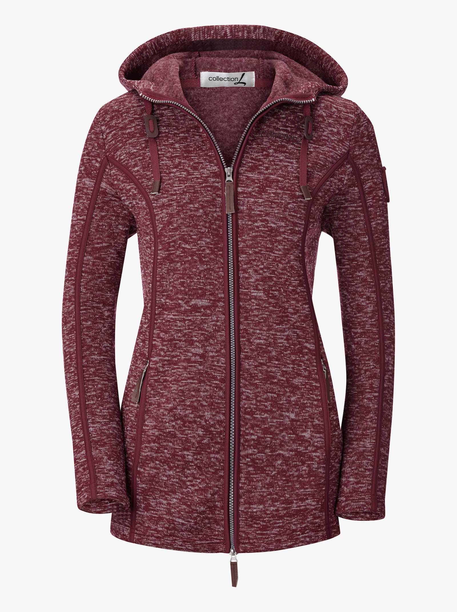 Kapuzenfleecejacke mit Umlegekragen - bordeaux-meliert