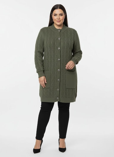 Longstrickjacke mit Zopfmuster - khaki