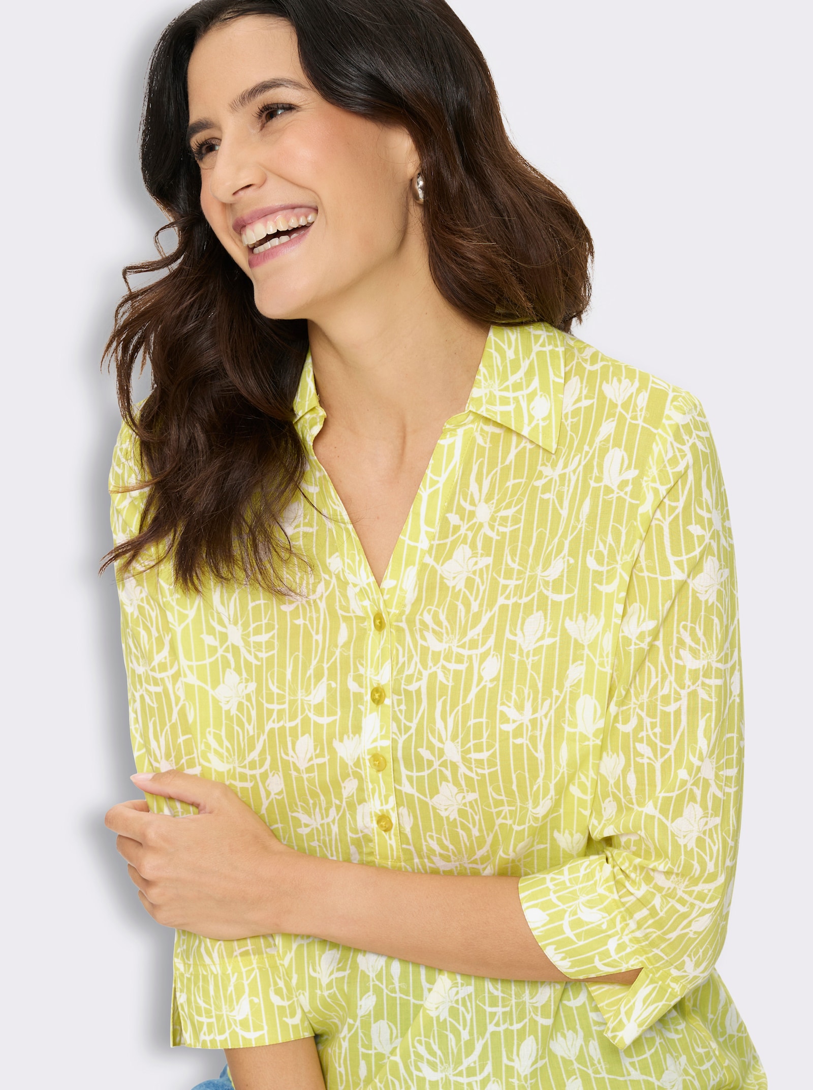 Druckbluse in Schlupfform - limone-ecru-gemustert