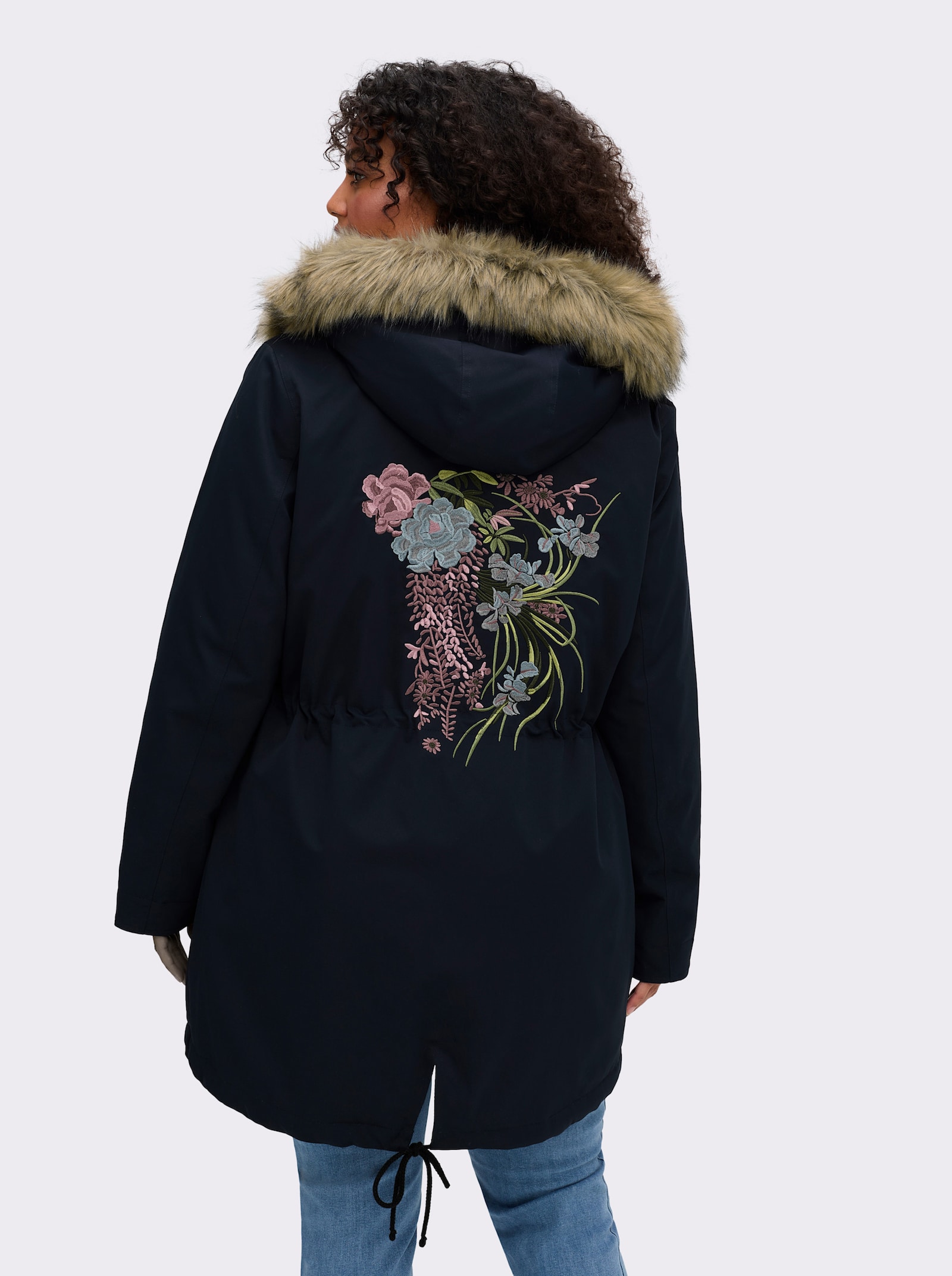 sheego by Joe Browns Parka mit Bumenstickerei am Rücken - tiefblau