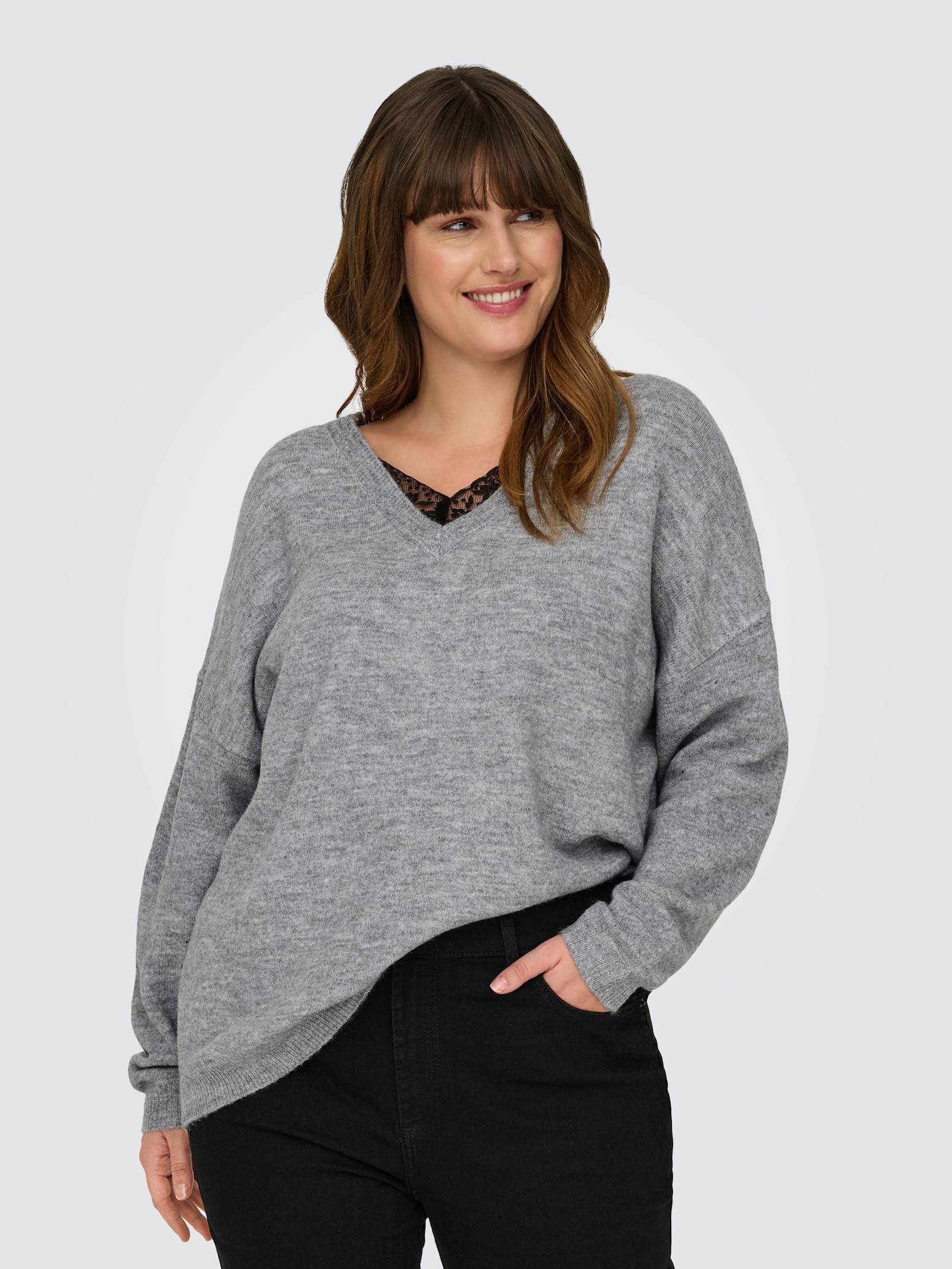 ONLY CARMAKOMA Strickpullover - light grey melange detail:black lace