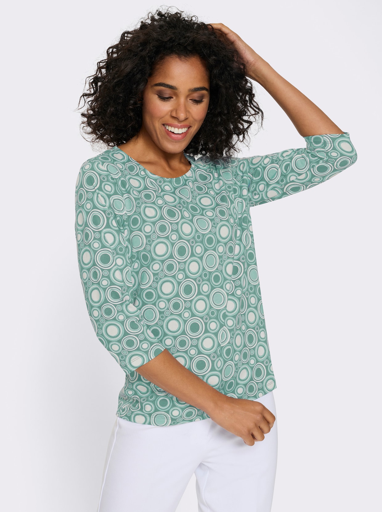 Bomullstopp med trekvartsärm och cirkelmönster - salvia-ecru-mönstrad