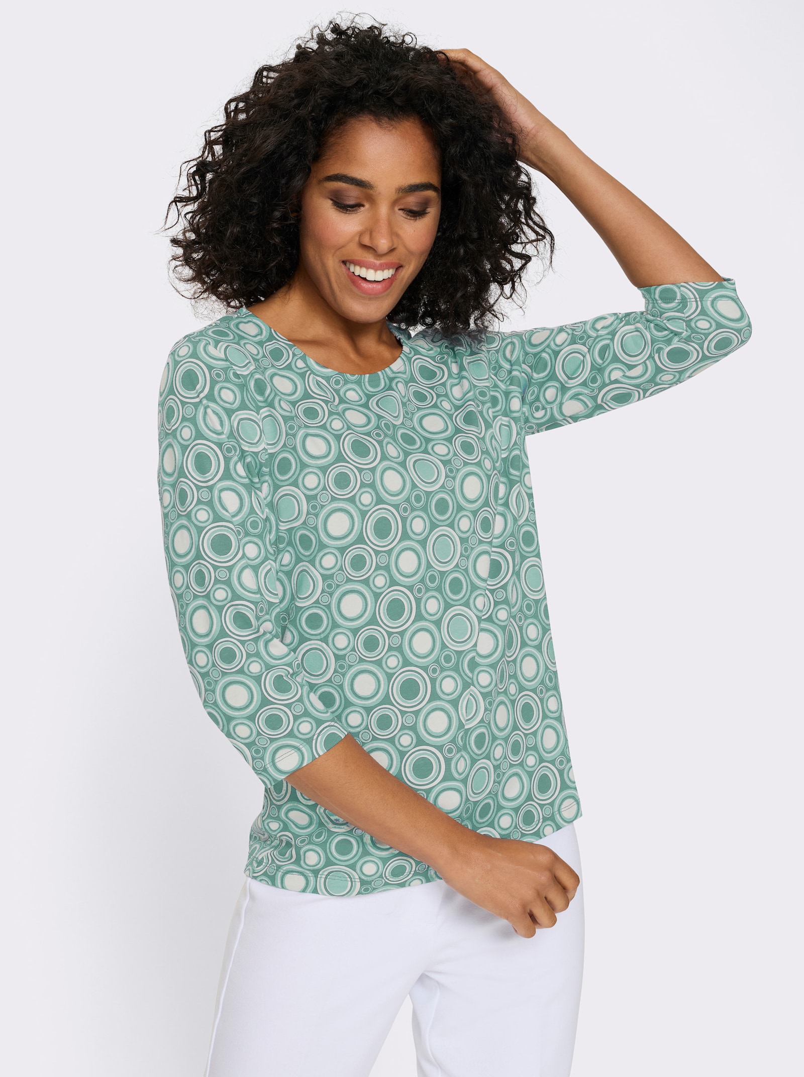 Bomullstopp med trekvartsärm och cirkelmönster - salvia-ecru-mönstrad