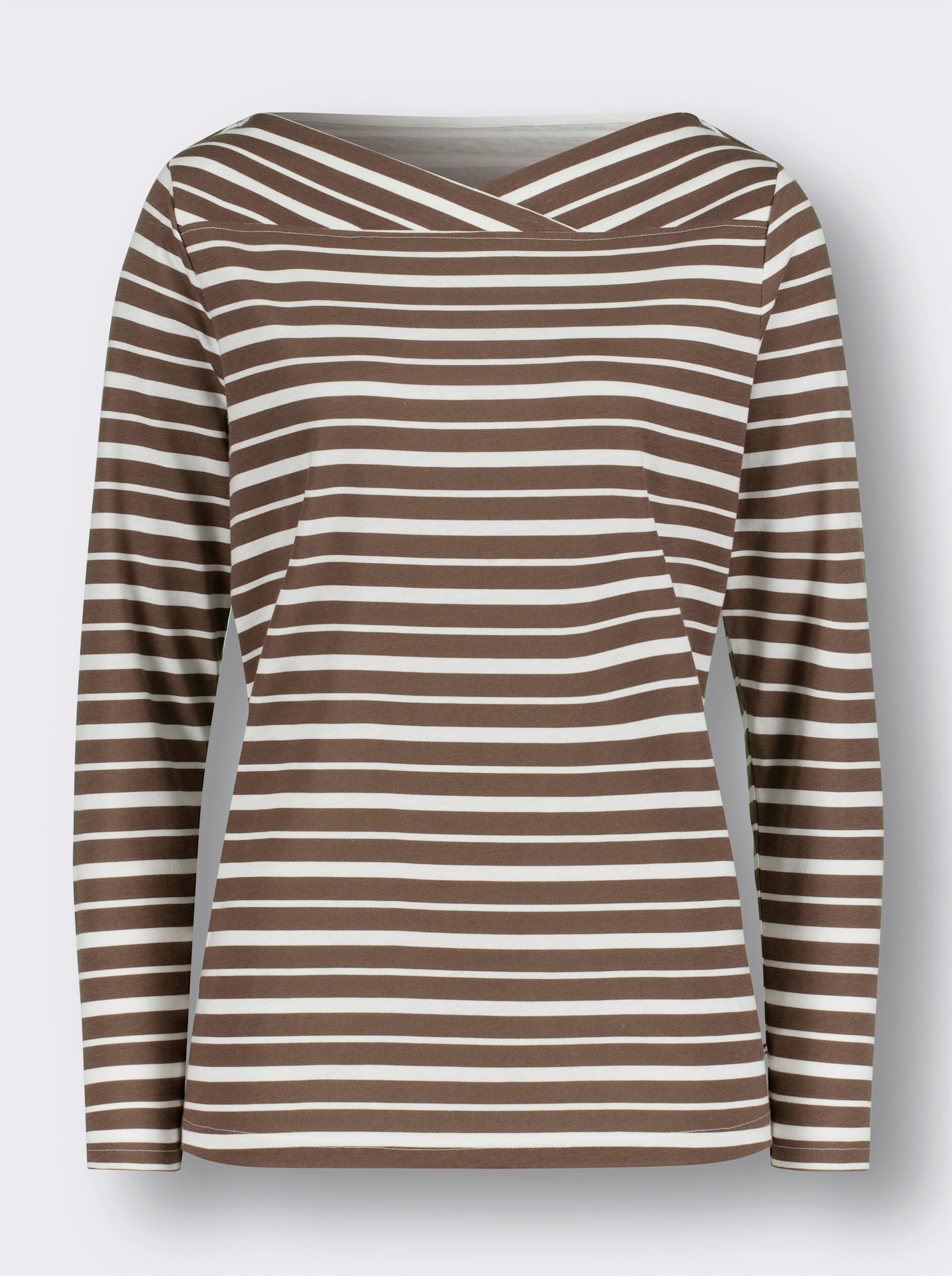 Streifenshirt mit überlappendem Ausschnitt - braun-champagner-geringelt