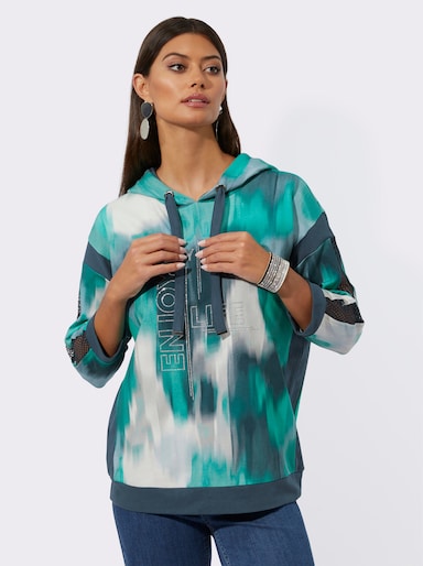 Sweatshirt mit Kontrast-Einsätzen - salbei-dunkelblau-bedruckt