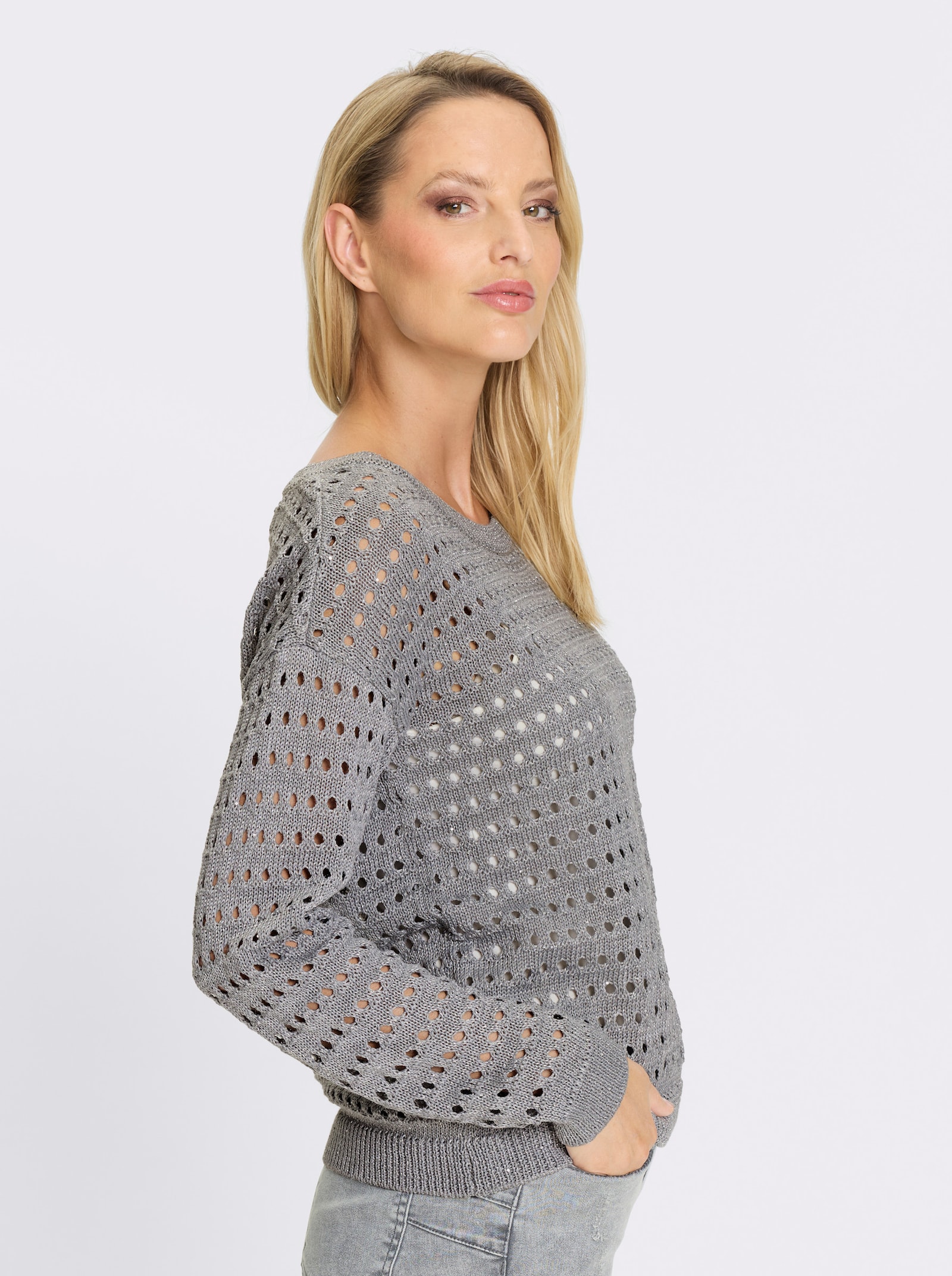 heine Langarm-Pullover mit Lochmuster - steingrau-meliert