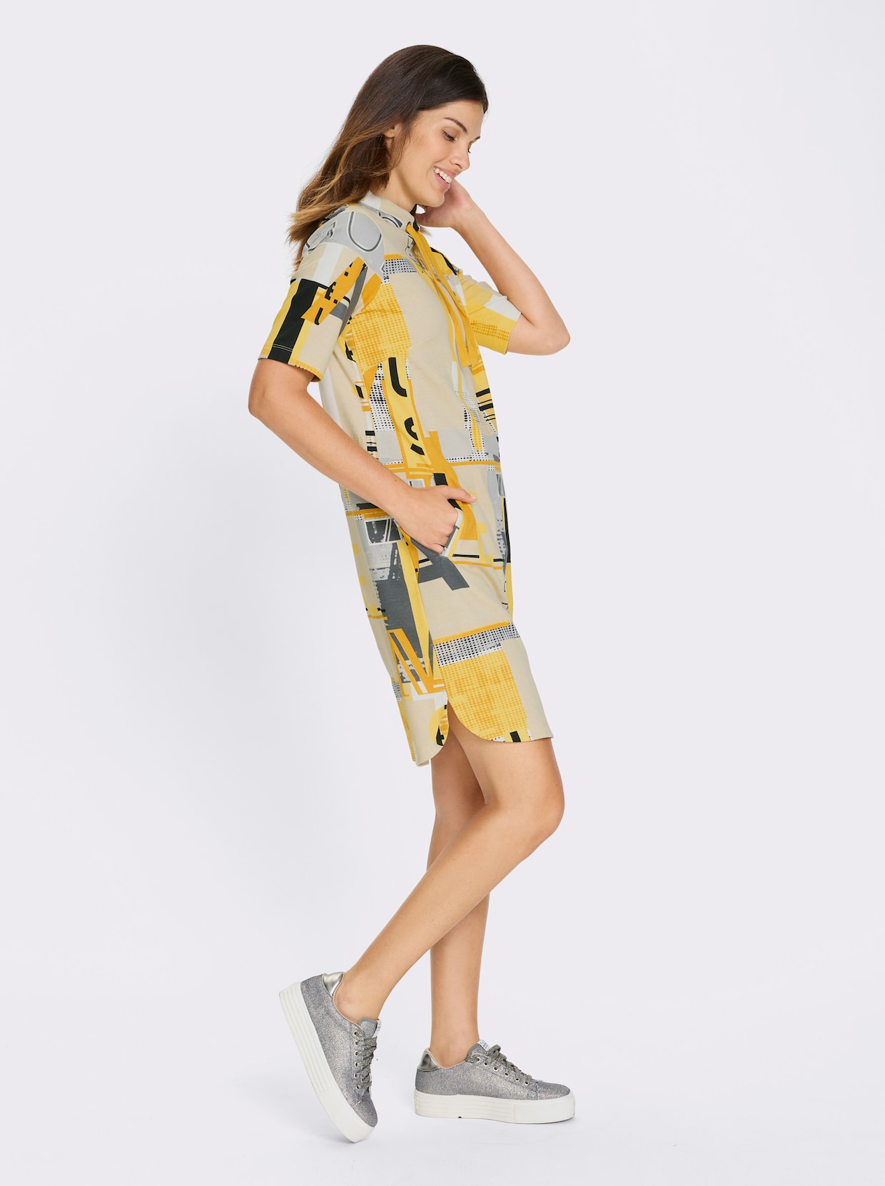 Sweatkleid - ocker-sand-bedruckt