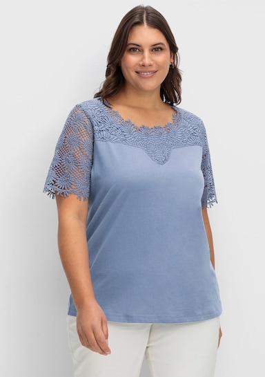 Spitzenshirt mit transparenter Spitze - eisblau