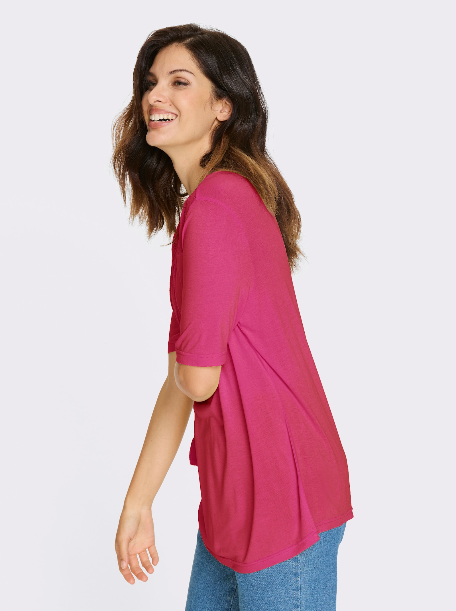 Kurzarmshirt mit Lochstickerei-Einsatz - fuchsia