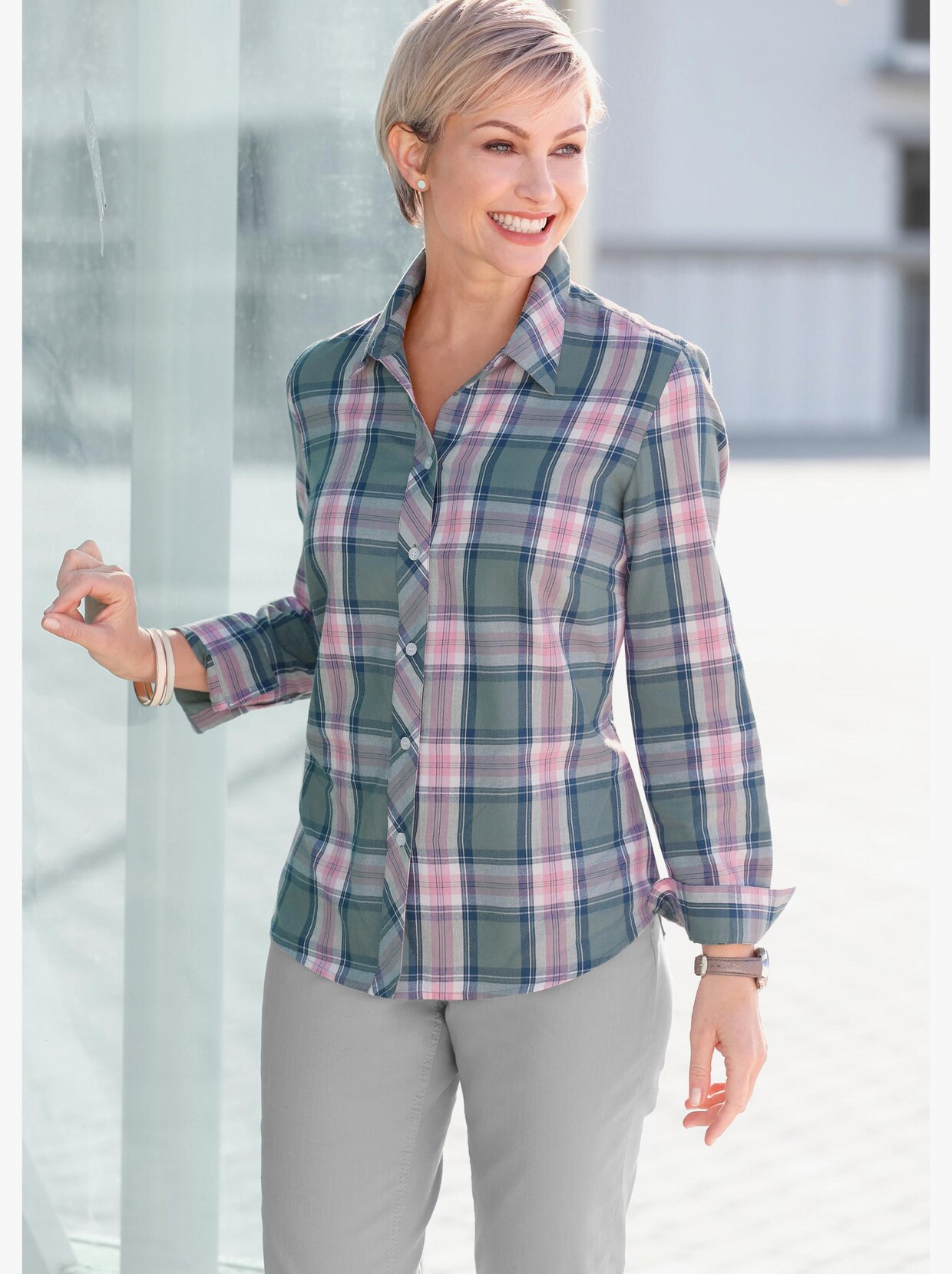 Flanellbluse - wintertürkis-rosé-kariert