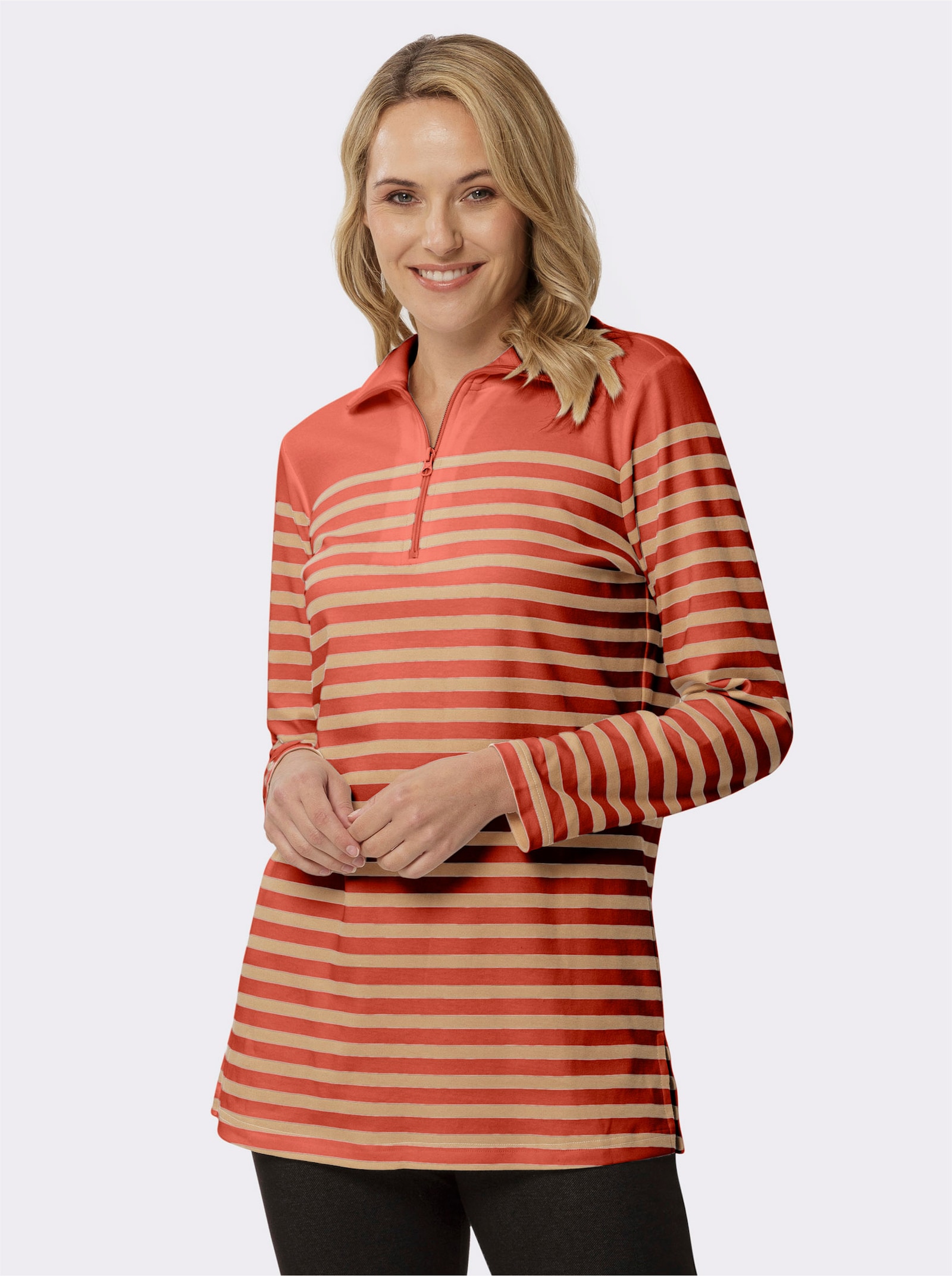 Longsweatshirt aus reiner Baumwolle - terra-camel-gestreift