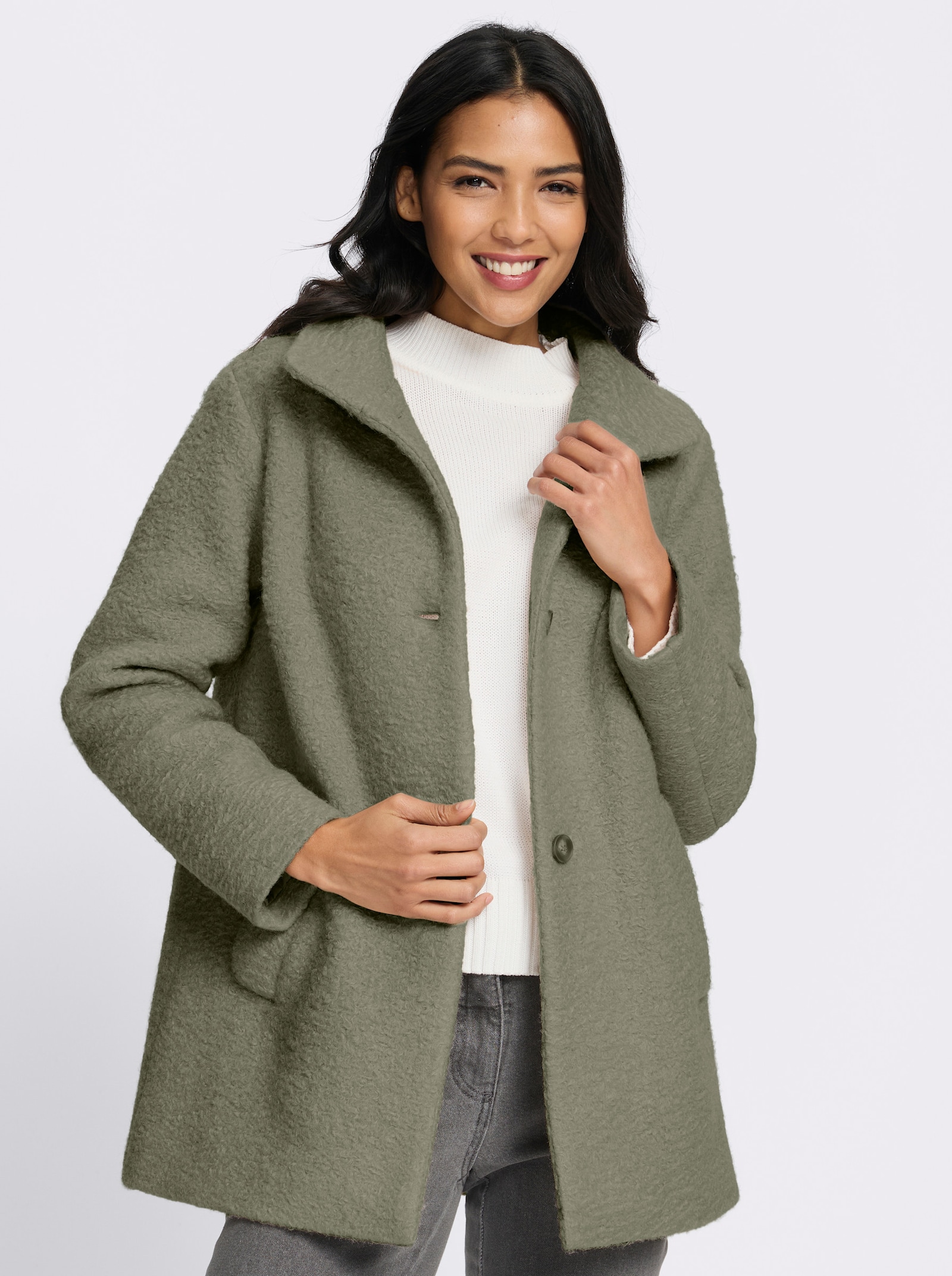 Boucléjacke mit Stehkragen - khaki