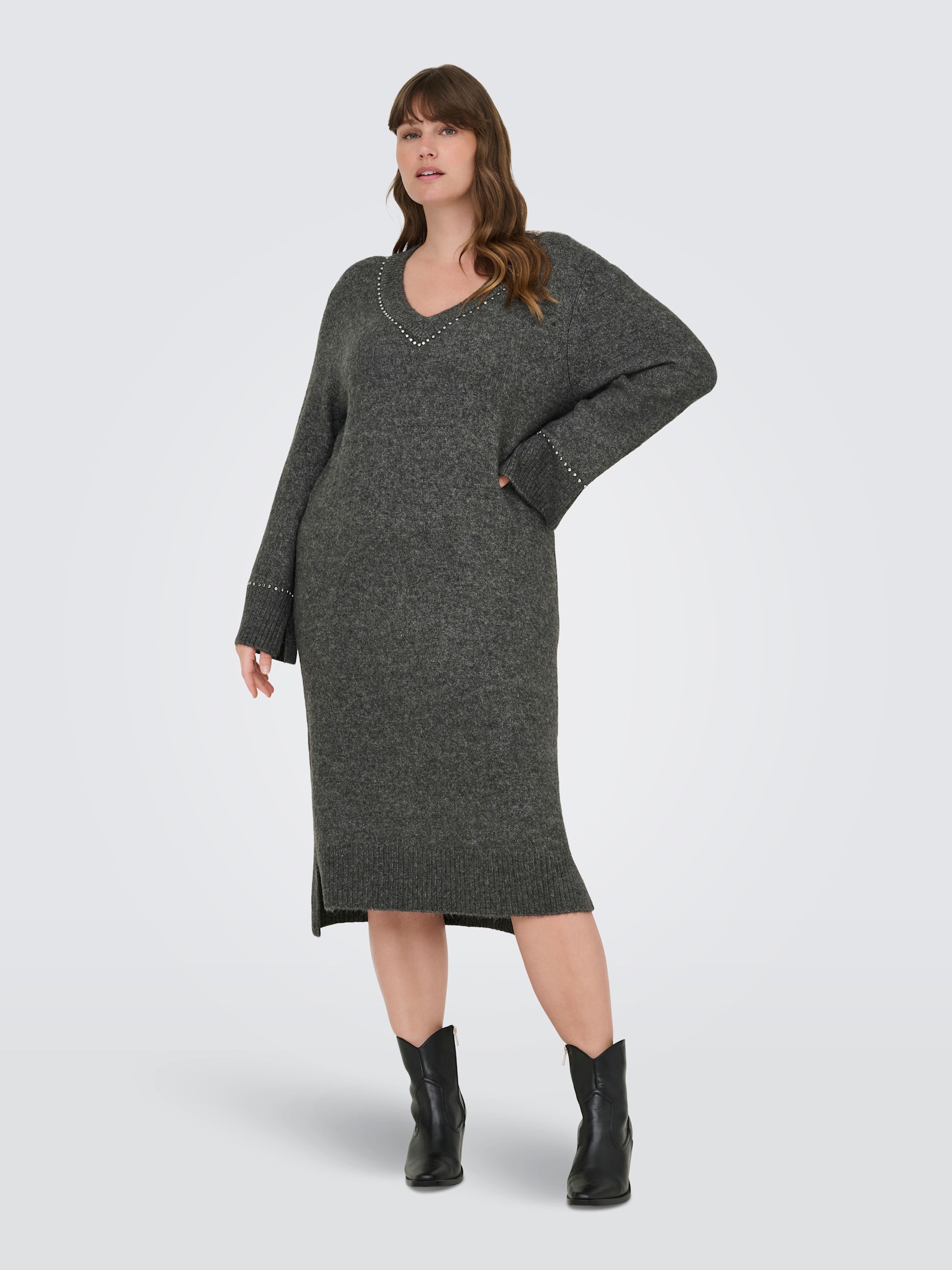 ONLY CARMAKOMA Strickkleid - medium grey melange detail:silver studs