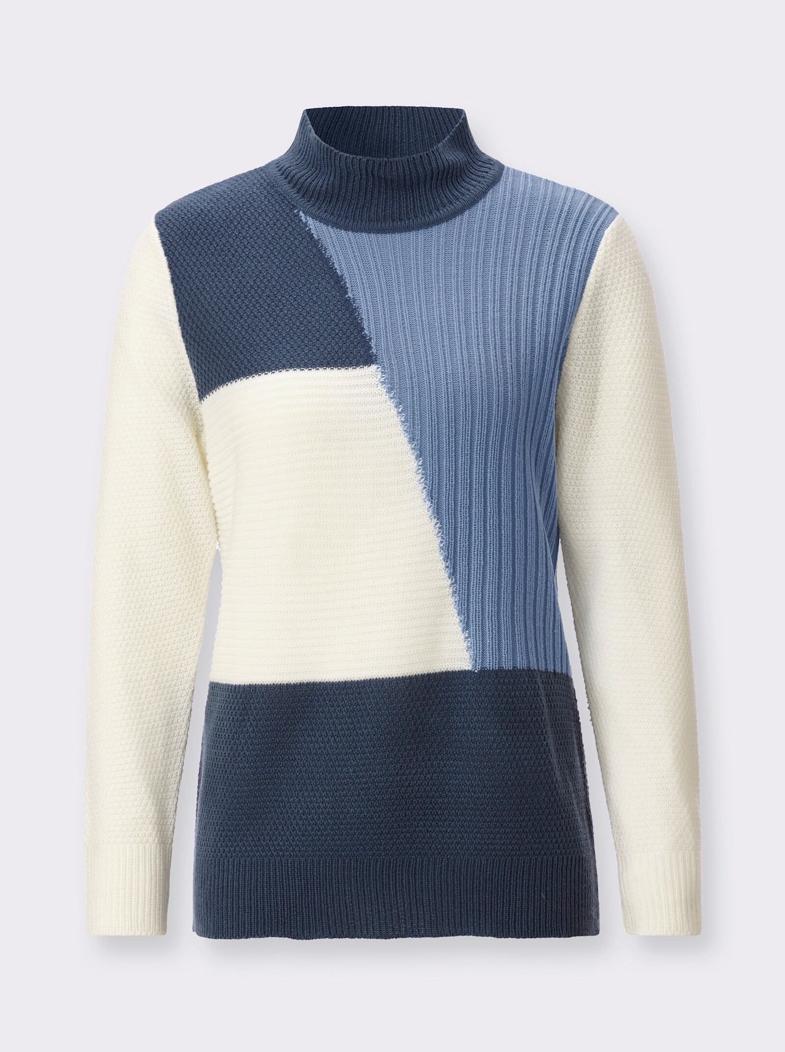 Stehkragenpullover in Patchwork-Optik - rauchblau-ecru-gemustert