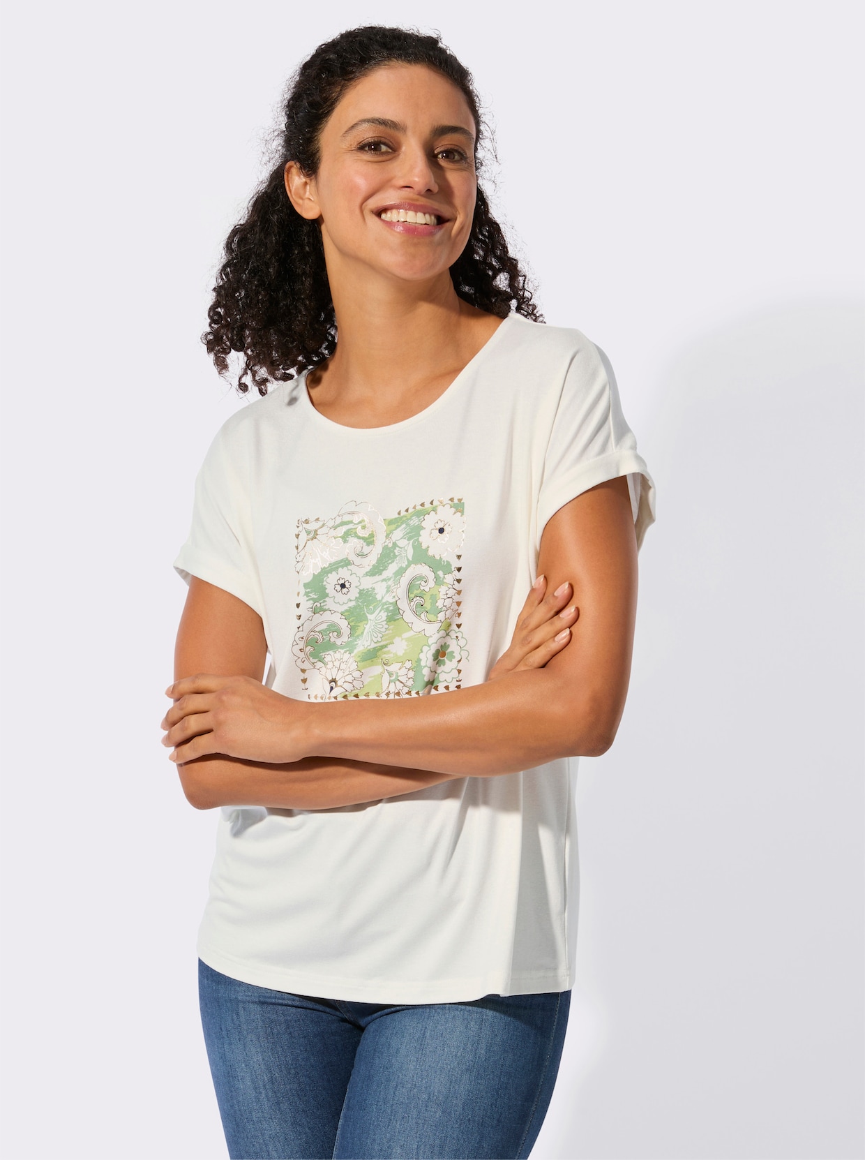 Rundhalsshirt - ecru-eucalyptus-bedruckt