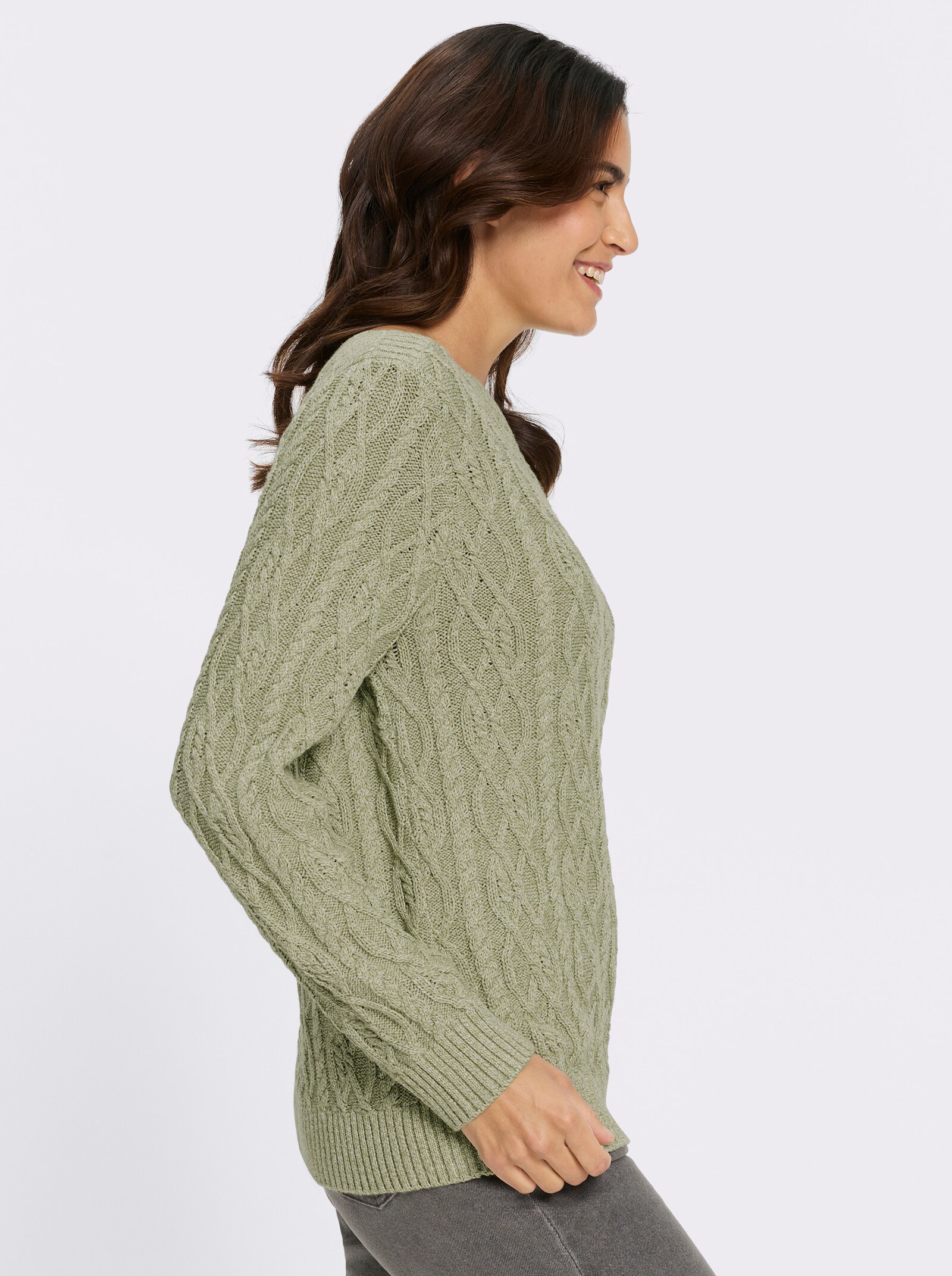 Strickpullover mit aufwendigem Zopfmuster - schilf-meliert