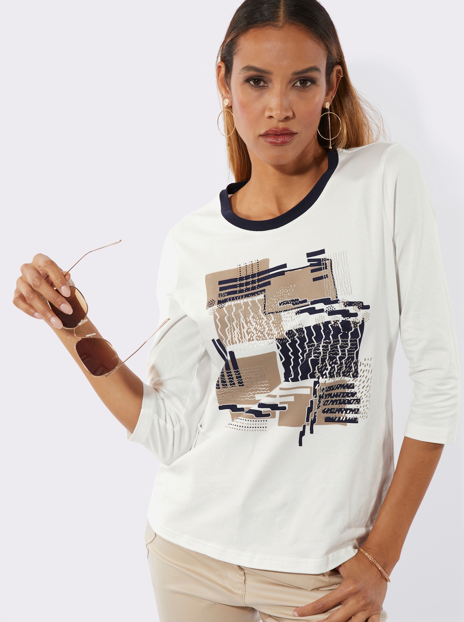 Rundhalsshirt mit platziertem Druck - ecru-marine-bedruckt