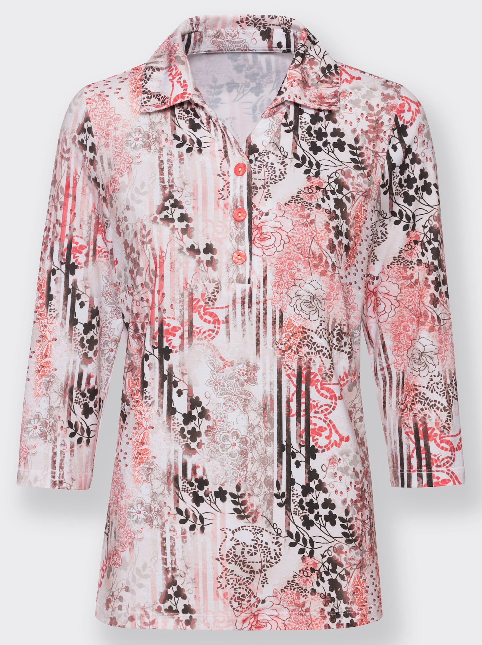 Poloshirt mit floralem Druck - koralle-graphit-bedruckt