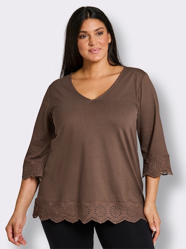 sheego V-Shirt mit Lochstickerei-Volants - schoko-champagner