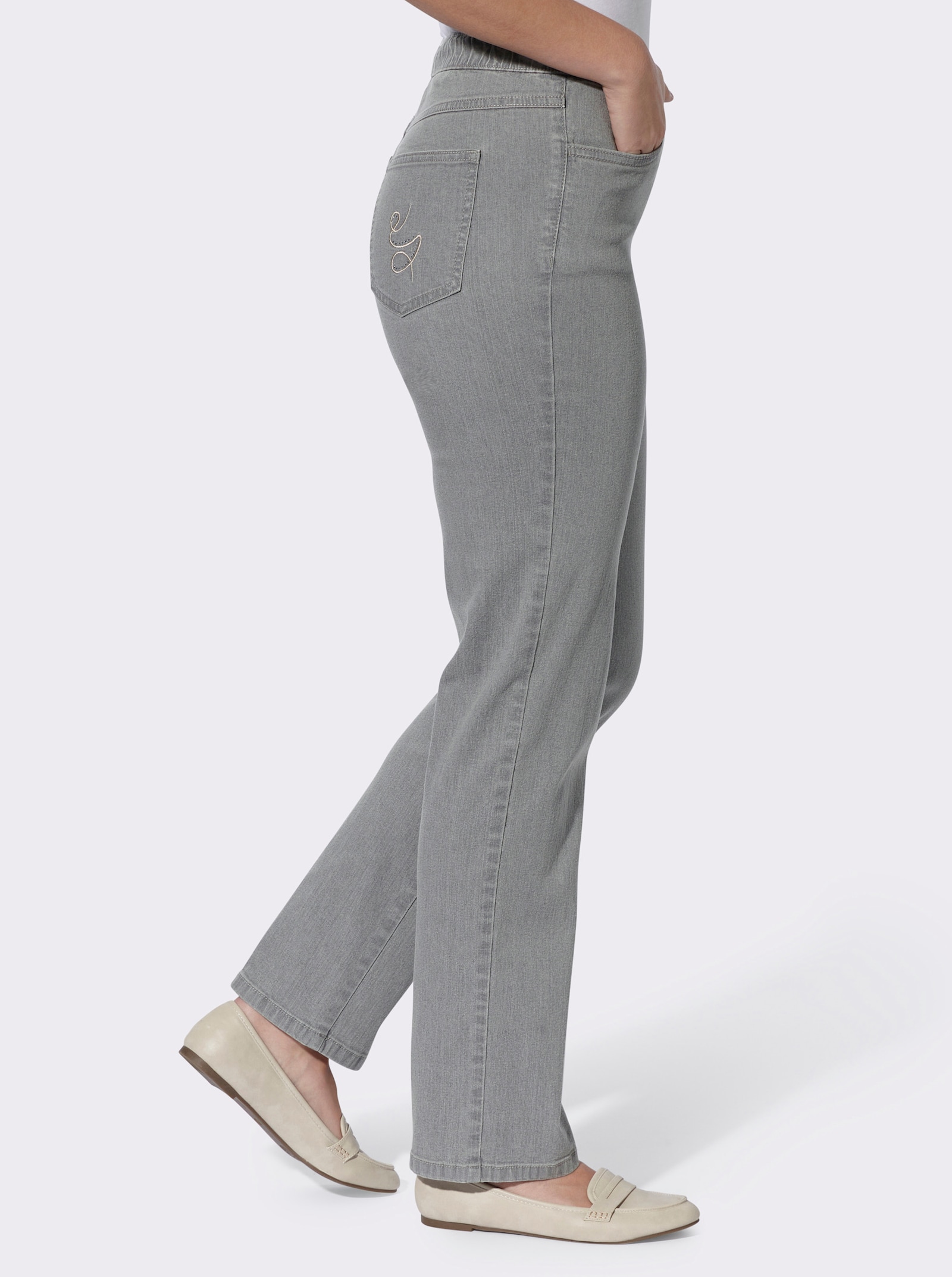 Jeans met geborduurde achterzakken - light grey-denim