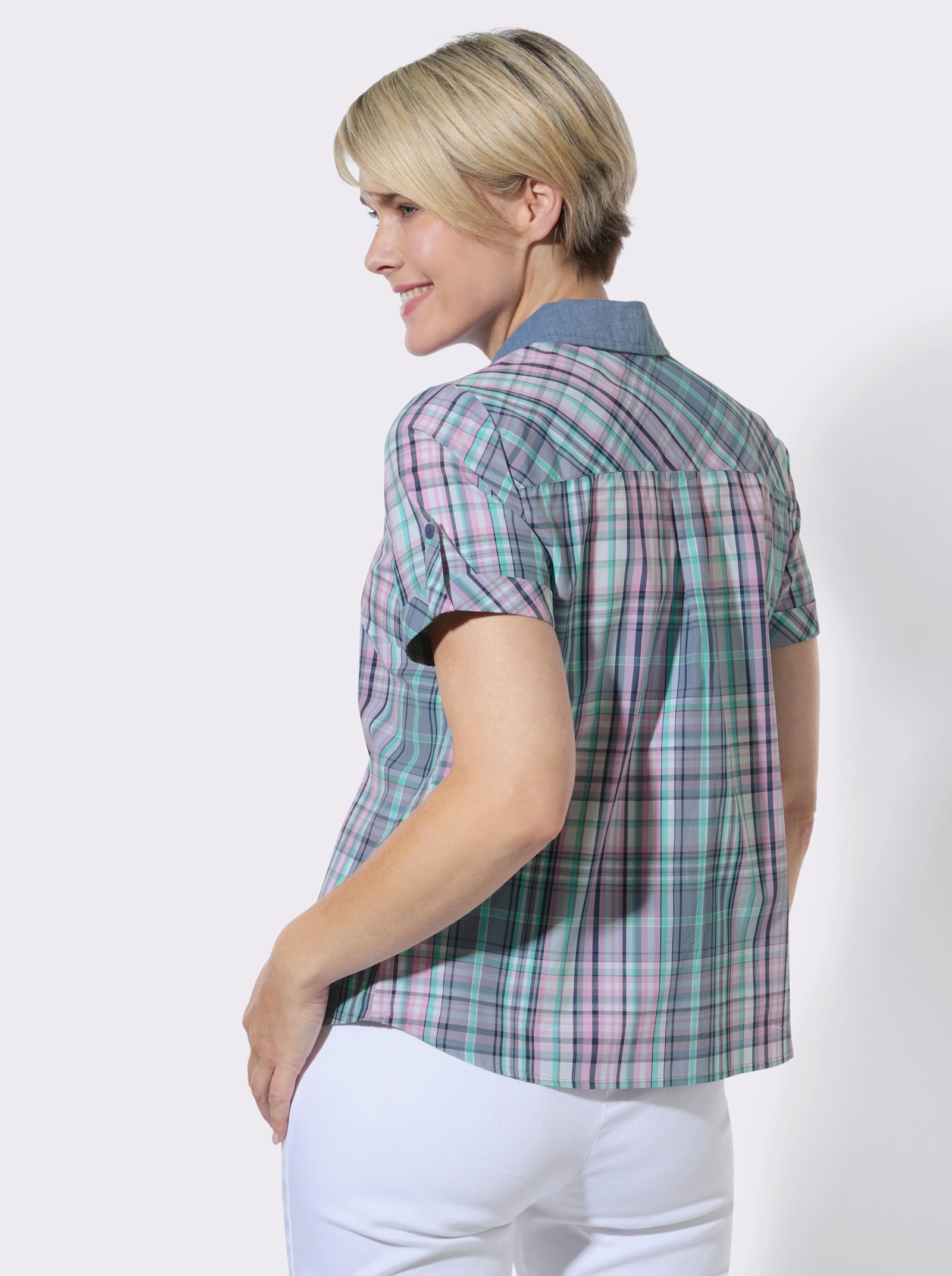 Karobluse mit abgerundetem Saum - taubenblau-orchidee-kariert