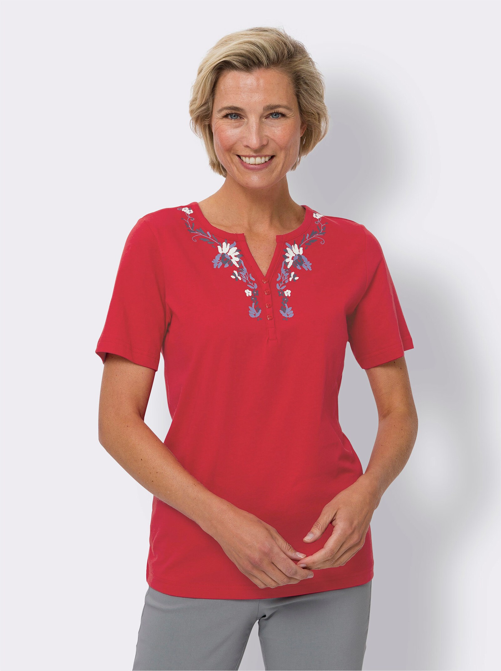 Shirt met korte mouwen en op dessin geplaatste bloemenprint - rood/ecru