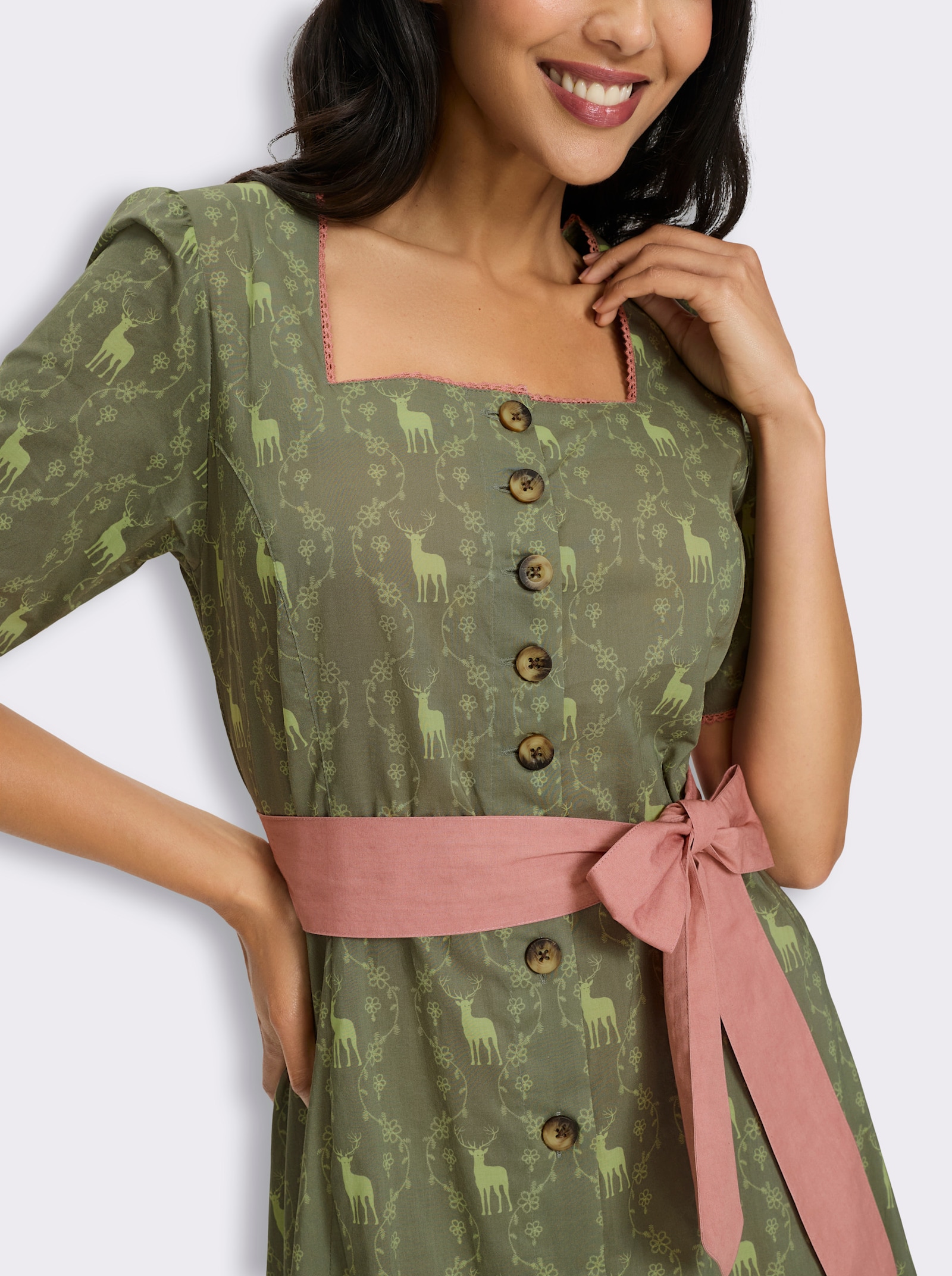 Trachtenkleid mit Knöpfen in Holz-Optik - khaki-lindgrün-bedruckt