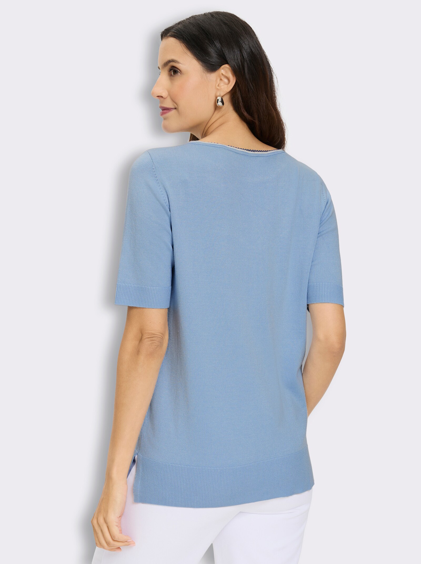 Pullover mit Häkelborte - eisblau-ecru