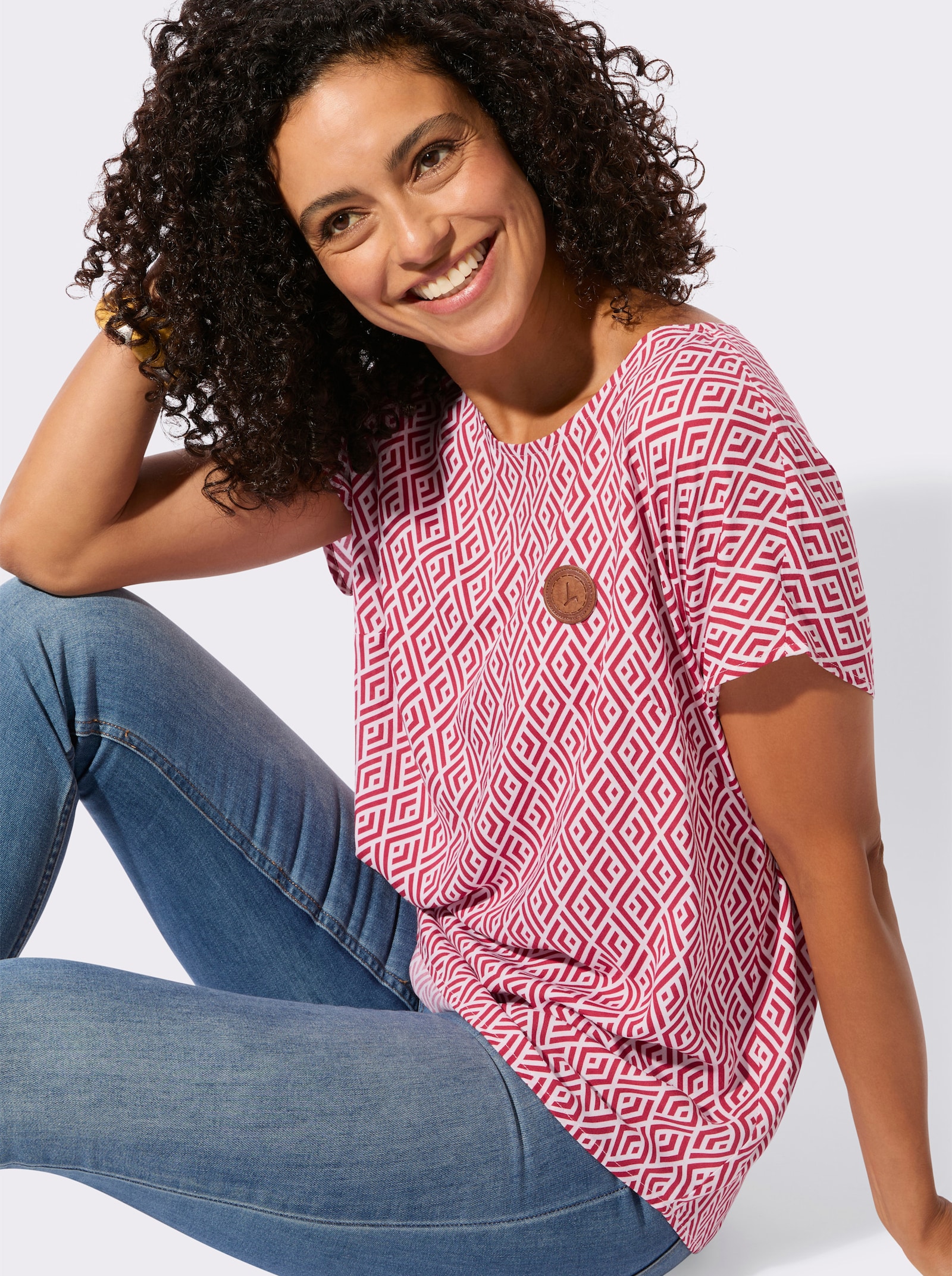 Druckbluse aus reiner Viskose - ecru-rot-bedruckt