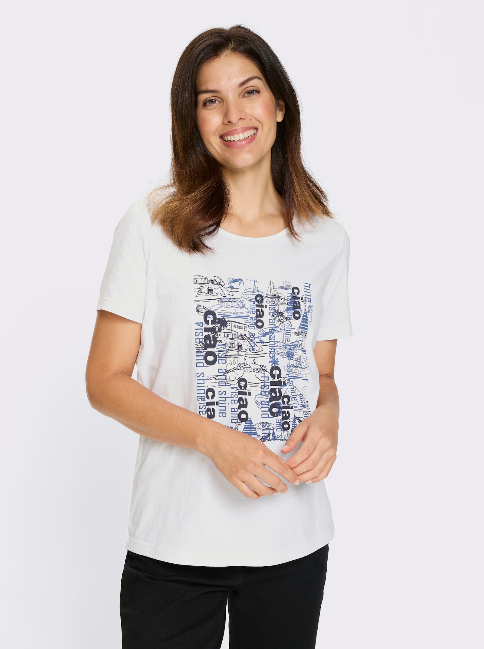 Shirt met korte mouwen van katoen, bedrukt - wit/marine