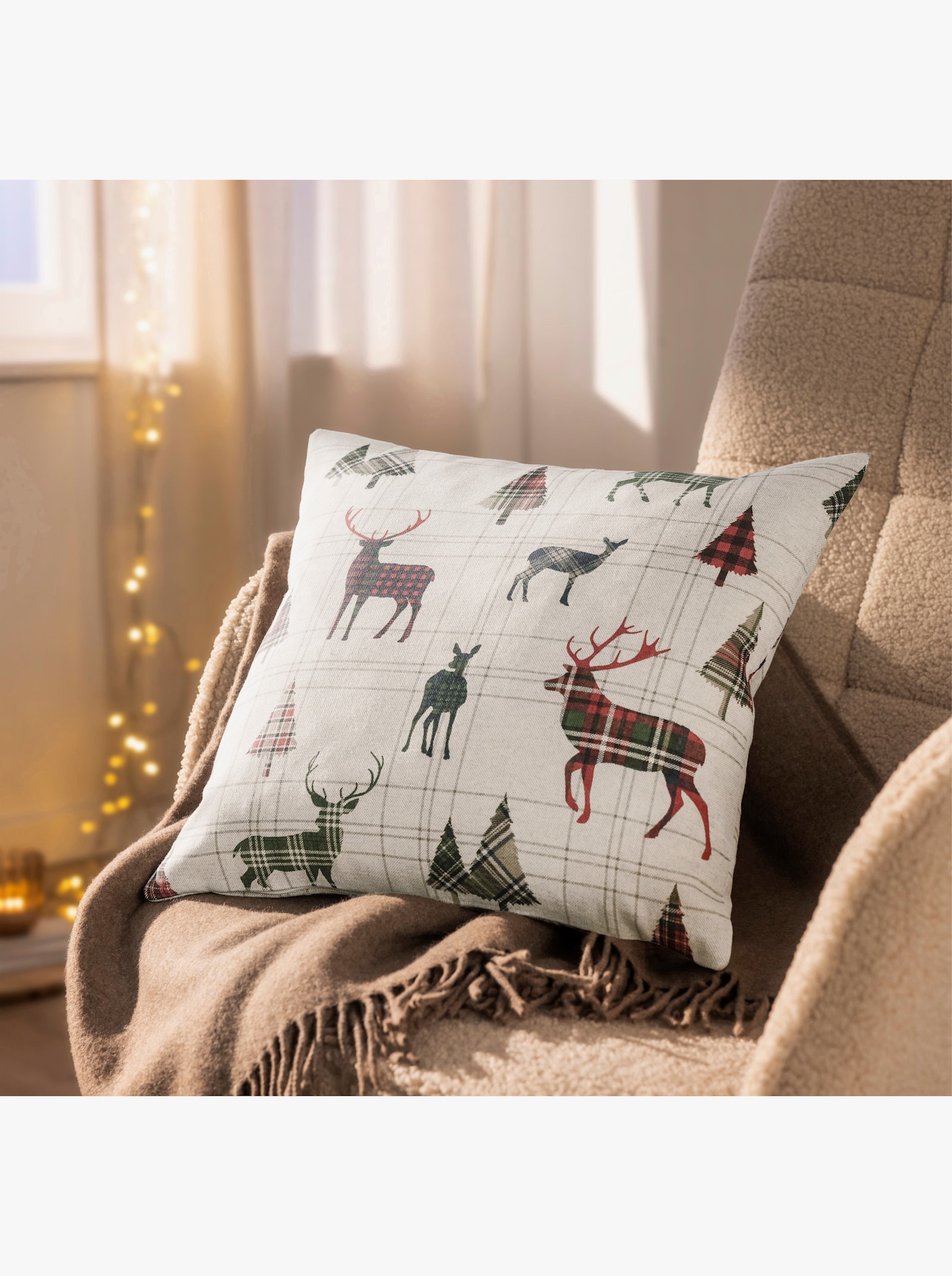 Kissenhülle im Weihnachts-Dessin - beige-rot-bedruckt